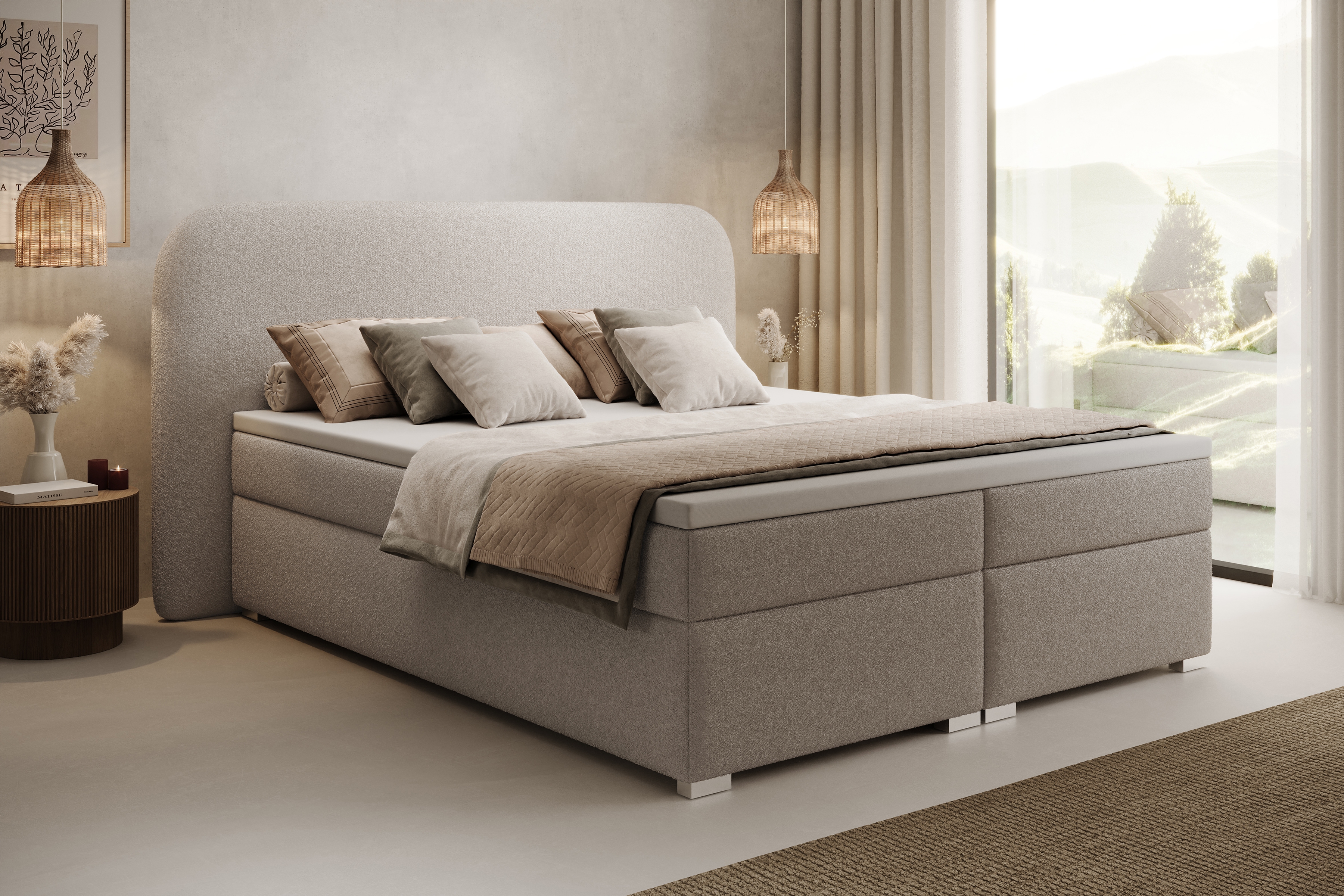 Kontinentálna posteľ Eleris 180x200 s úložným priestorom - béžová buklé Quelle 05 Boxspring posteľ Eleris 180x200 s úložným priestorom - Béžová bukla Quelle 05