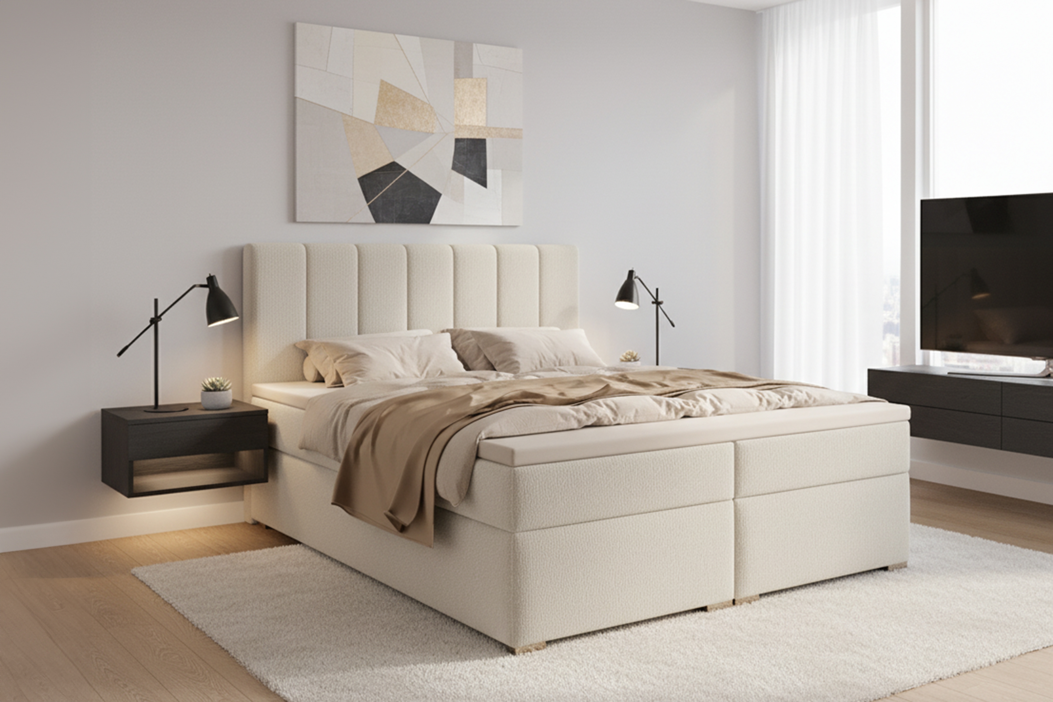 Kontinentálna posteľ Mareli 160x200 s úložným priestorom - svetlý béžový buklé Quelle 02 Boxspring posteľ Mareli 160x200  s úložným priestorom - svetlý Béžová plusz Quelle 02 