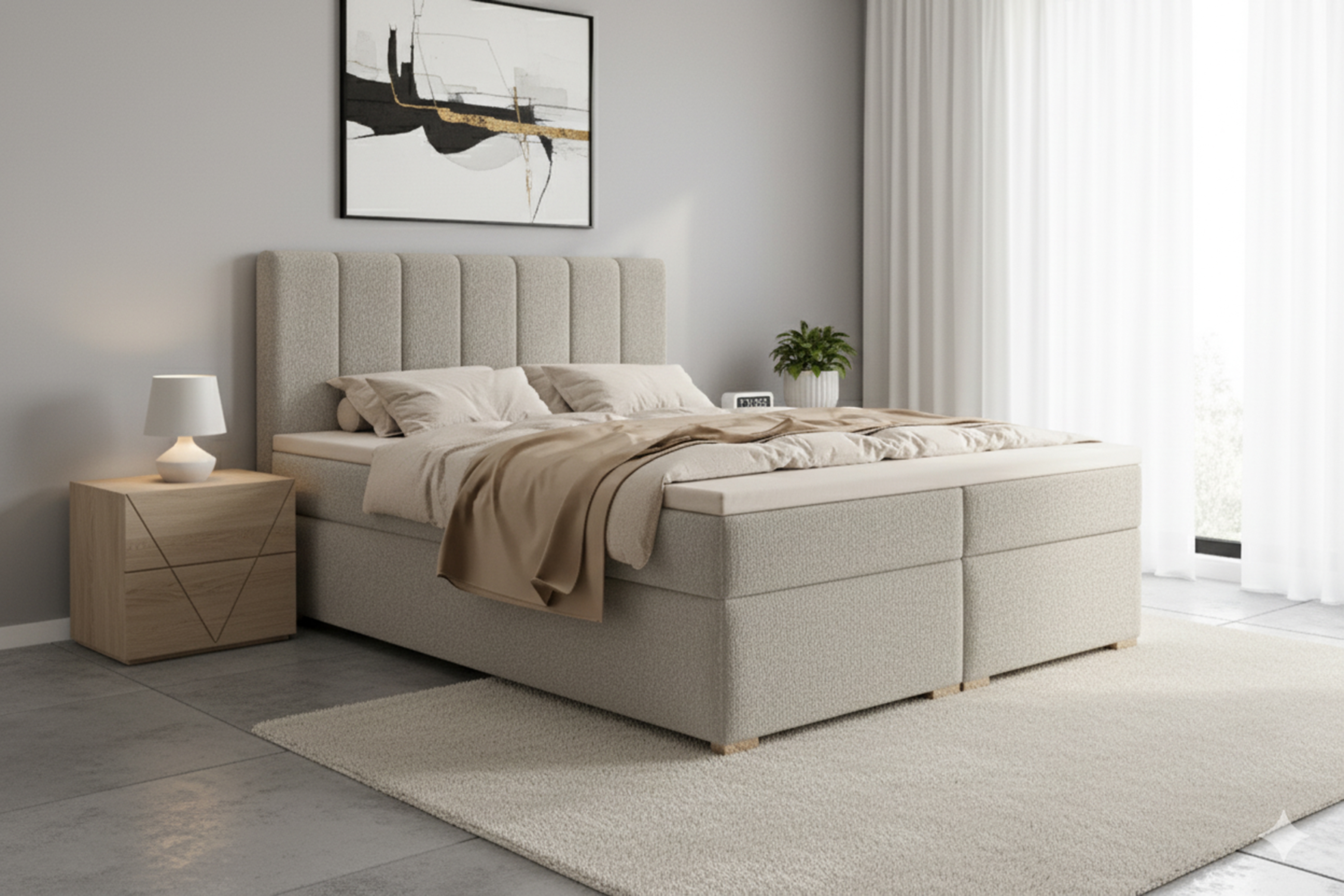 Kontinentálna posteľ Mareli 160x200 s úložným priestorom - béžová buklé Quelle 05 Boxspring posteľ Mareli 160x200 s úložným priestorom - Béžová bukla Quelle 05