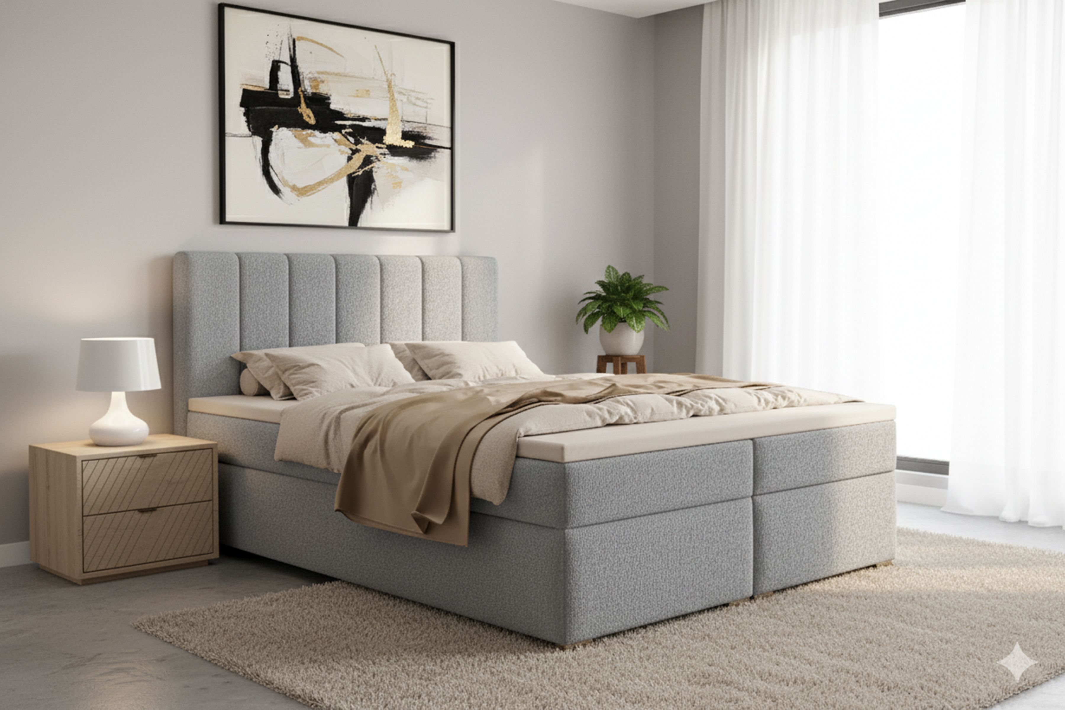 Kontinentální postel Mareli 160x200 s úložným prostorem - šedá bouclé Quelle 83 Postel boxspring Mareli 160x200 s úložním prostorem - šedá bukla Quelle 83