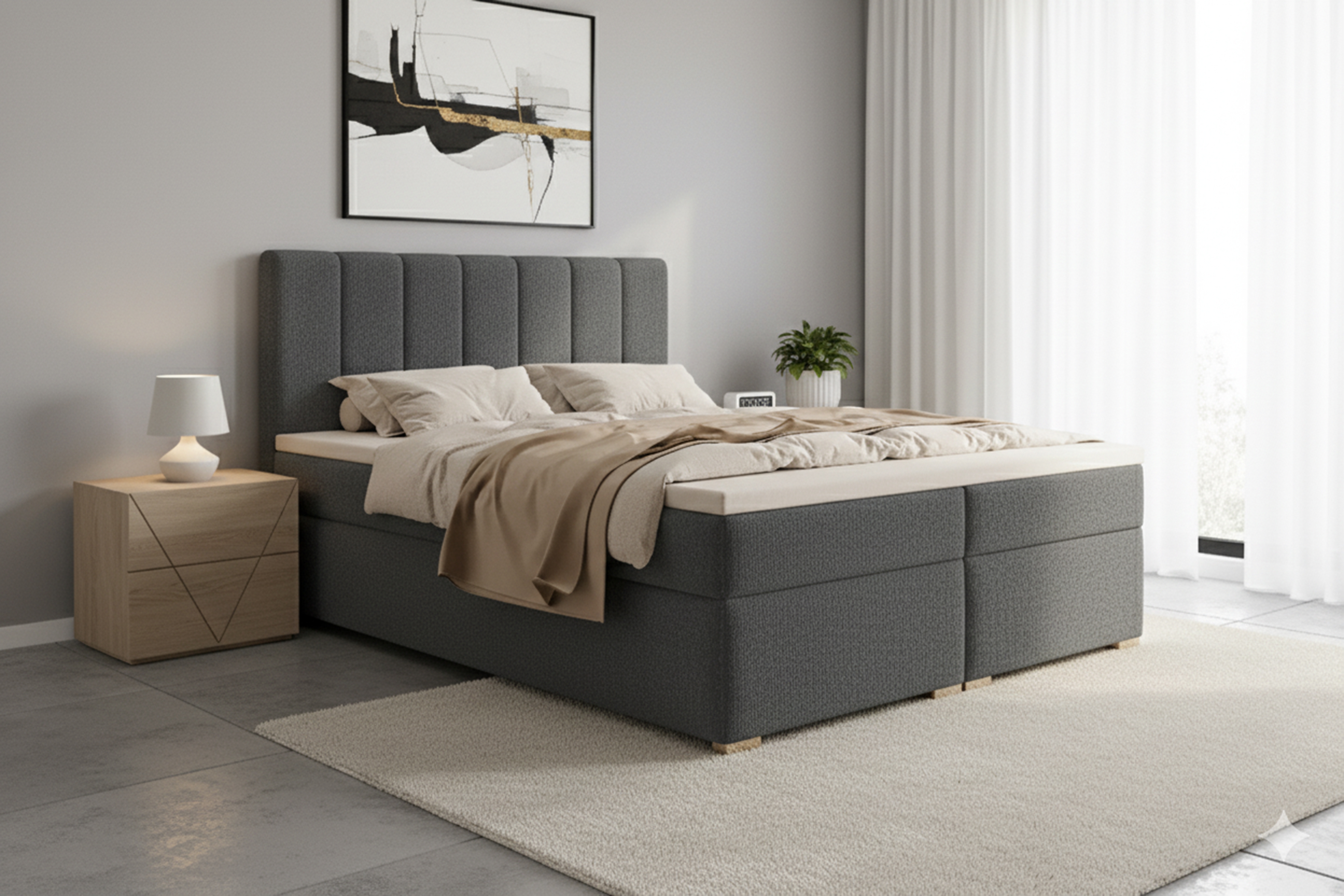 Kontinentální postel Mareli 180x200 s úložným prostorem - tmavě šedá bouclé Quelle 92 Postel boxspring Mareli 180x200 s úložním prostorem - tmavě šedá bukla Quelle 92