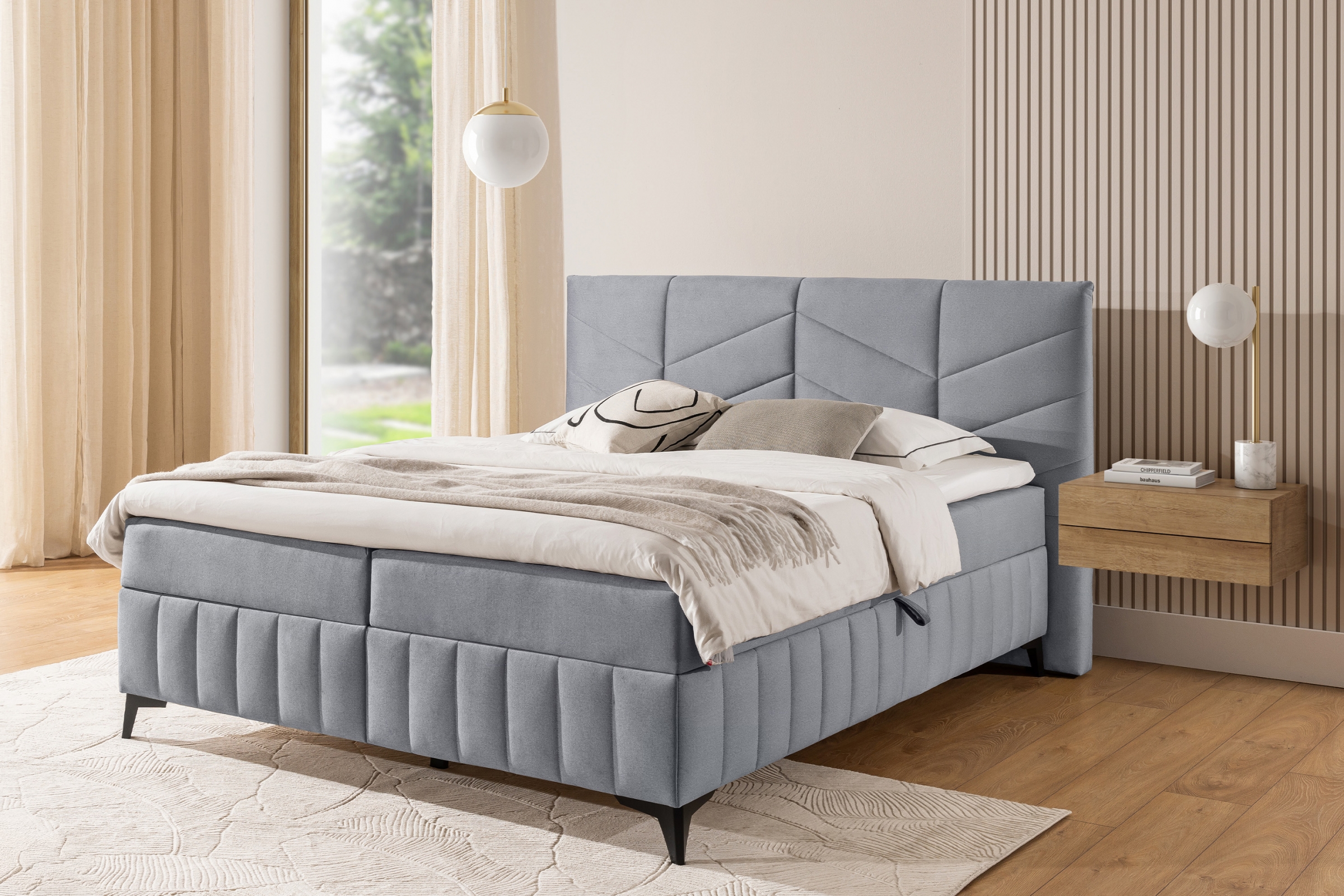 Boxspring posteľ Penia 160x200 s úložným priestorom - popolový hydrofóbny zamat Element 24 Boxspring posteľ Penia 160x200 s úložným priestorom - Popolový velúr hydrofobowy Element 24