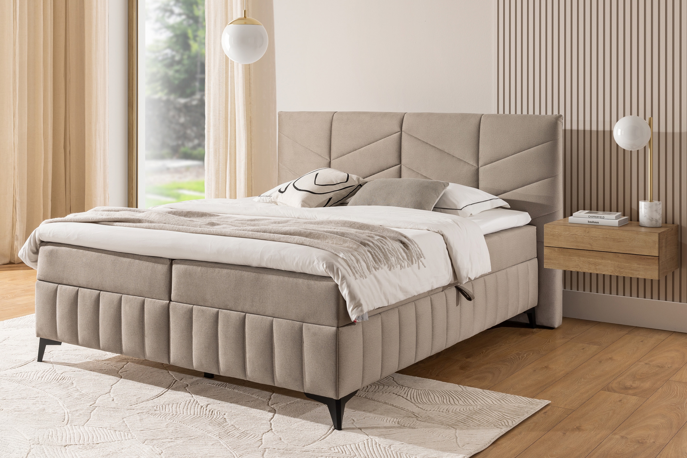  Boxspring posteľ Penia 180x200 s úložným priestorom - béžový zamat Element 6  Boxspring posteľ Penia 180x200 s úložným priestorom - béžový velúr hydrofobowy Element 6 