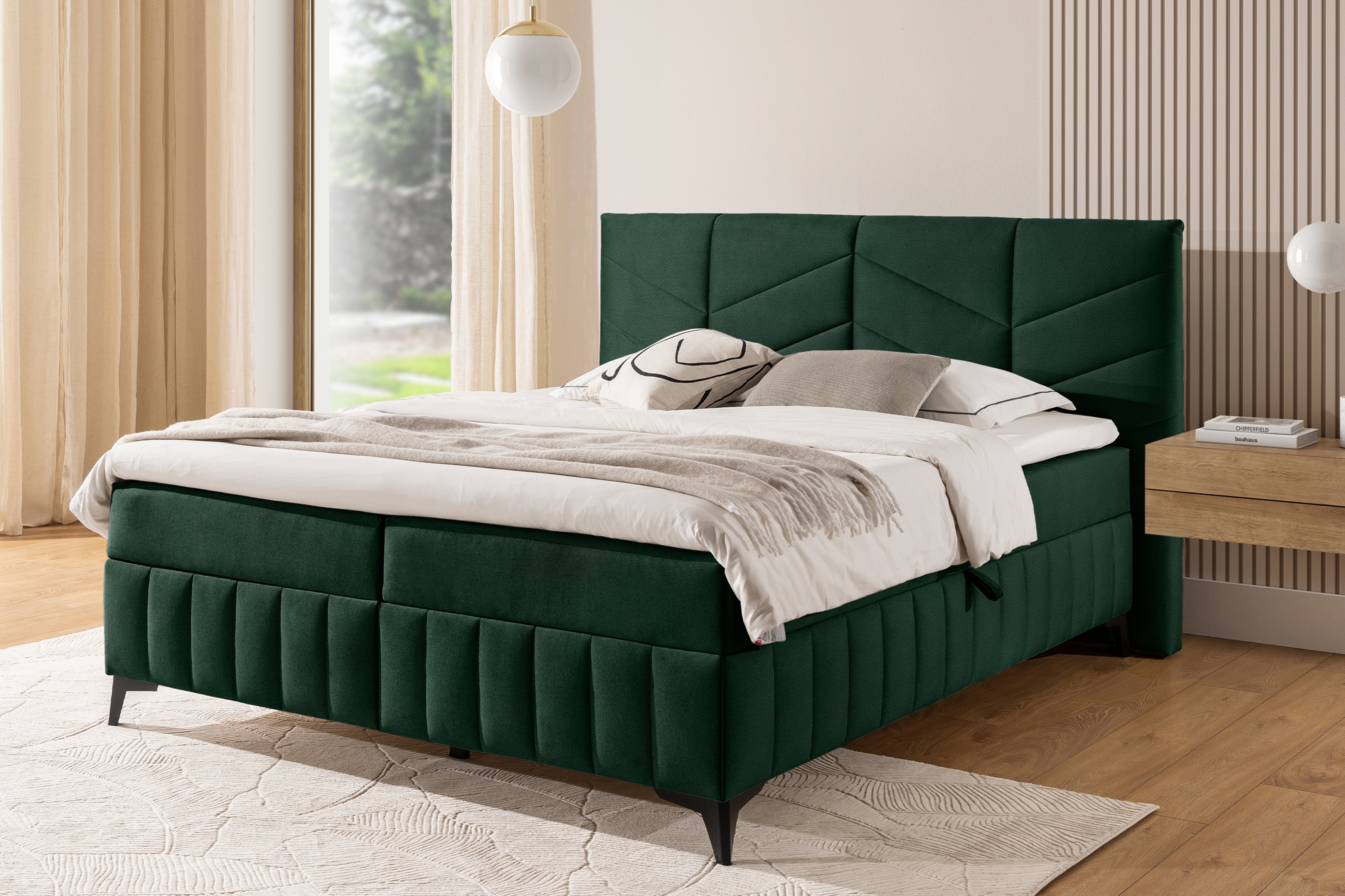 Posteľ Boxspring Penia 180x200 s úložným priestorom - zelený hydrofóbny zamat Element 12 Boxspring posteľ Penia 180x200 s úložným priestorom - Zelený velúr hydrofobowy Element 12