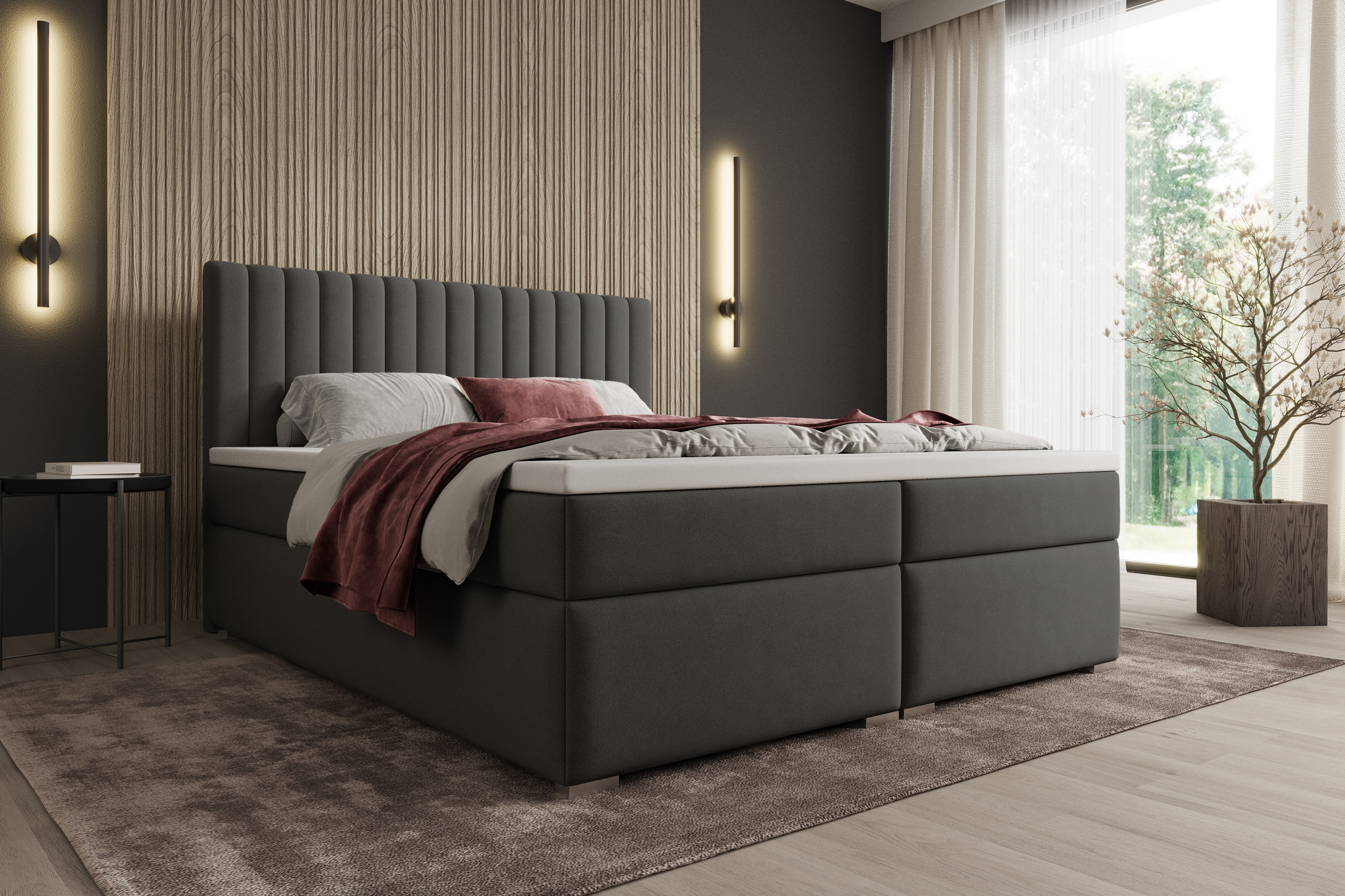 Kontinentální postel Solani 160x200 s úložným prostorem - tmavě šedý samet Castel 93 Postel boxspring Solani 160x200 s úložním prostorem - tmavě šedá samet Castel 93