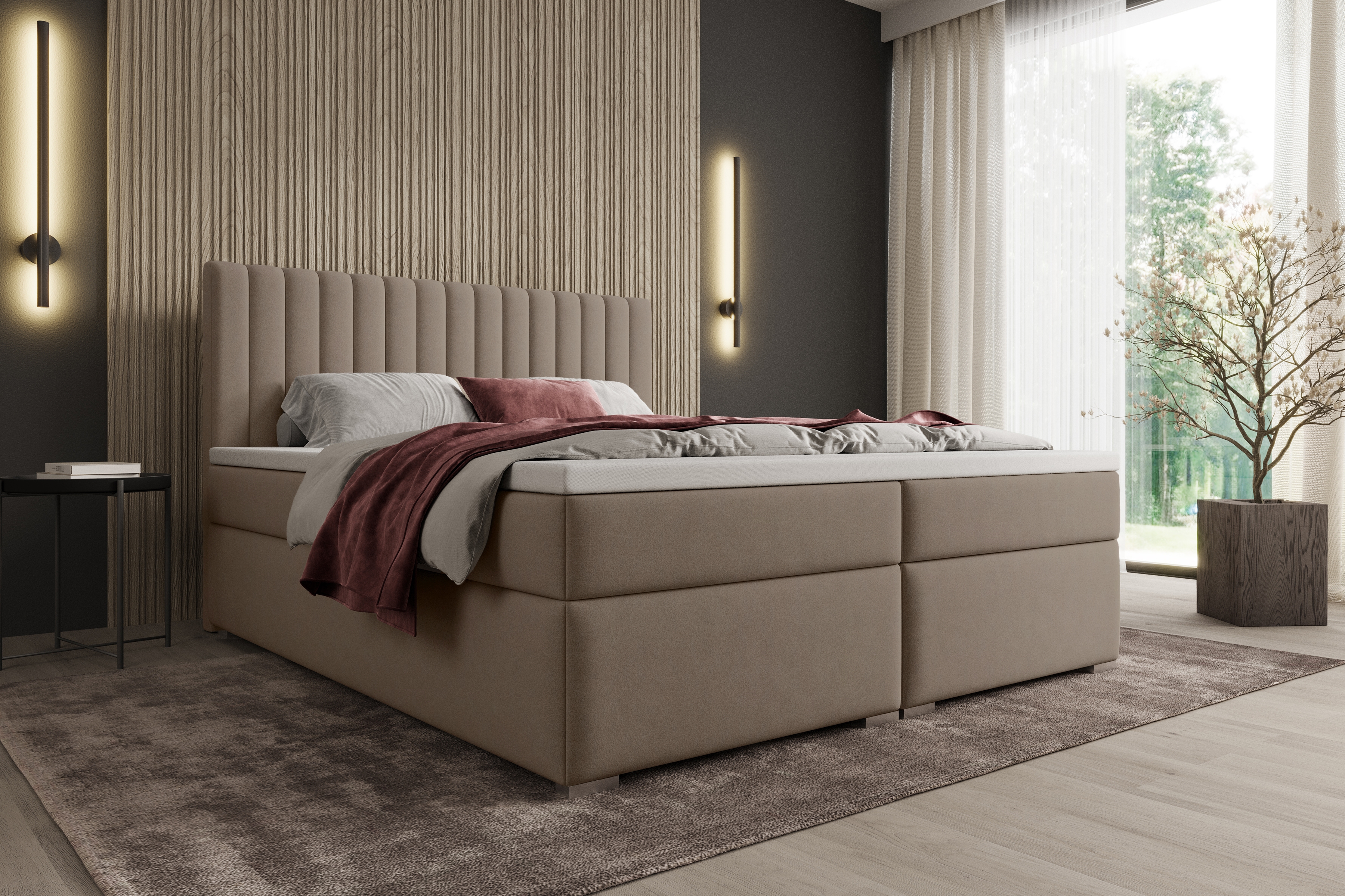 Kontinentální postel Solani 180x200 s úložným prostorem - béžový samet Castel 15 Postel boxspring Solani 180x200 s úložním prostorem - béžová samet Castel 15