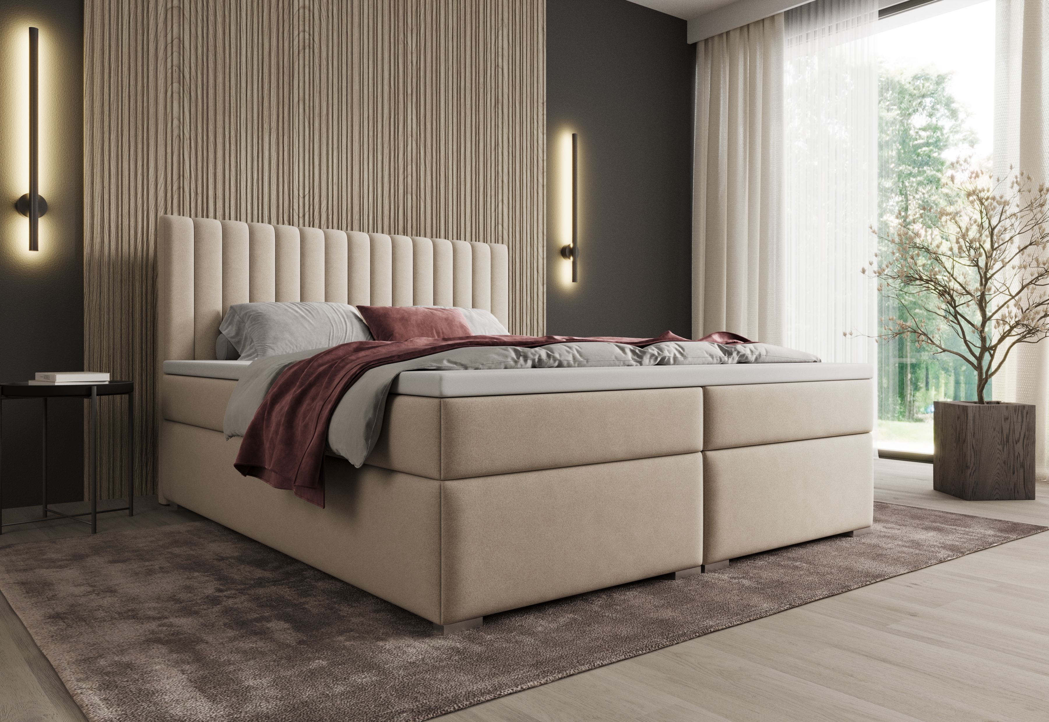 Kontinentální postel Solani 180x200 s úložným prostorem - světle béžový samet Castel 03 Postel boxspring Solani 180x200 s úložním prostorem - světlý béžová samet Castel 03 