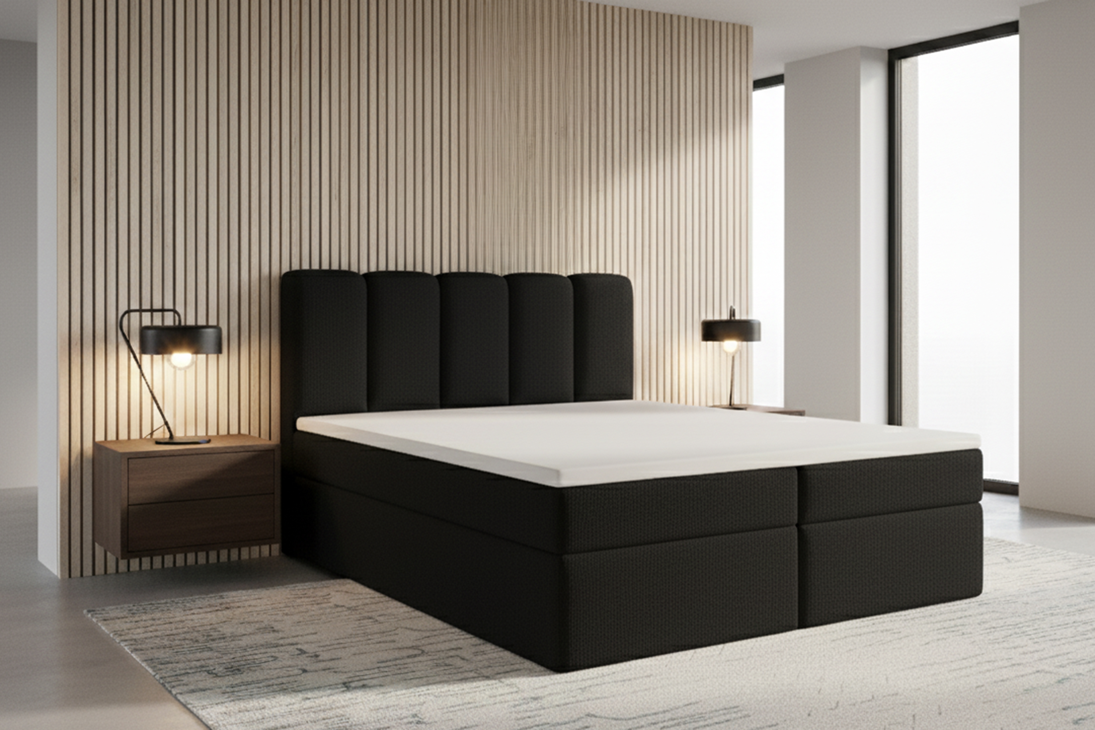 Kontinentálna posteľ Tenor 160x200 s úložným priestorom - čierna bouclé Quelle 100 Boxspring posteľ Tenor 160x200 s úložným priestorom - Čierna bukla Quelle 100