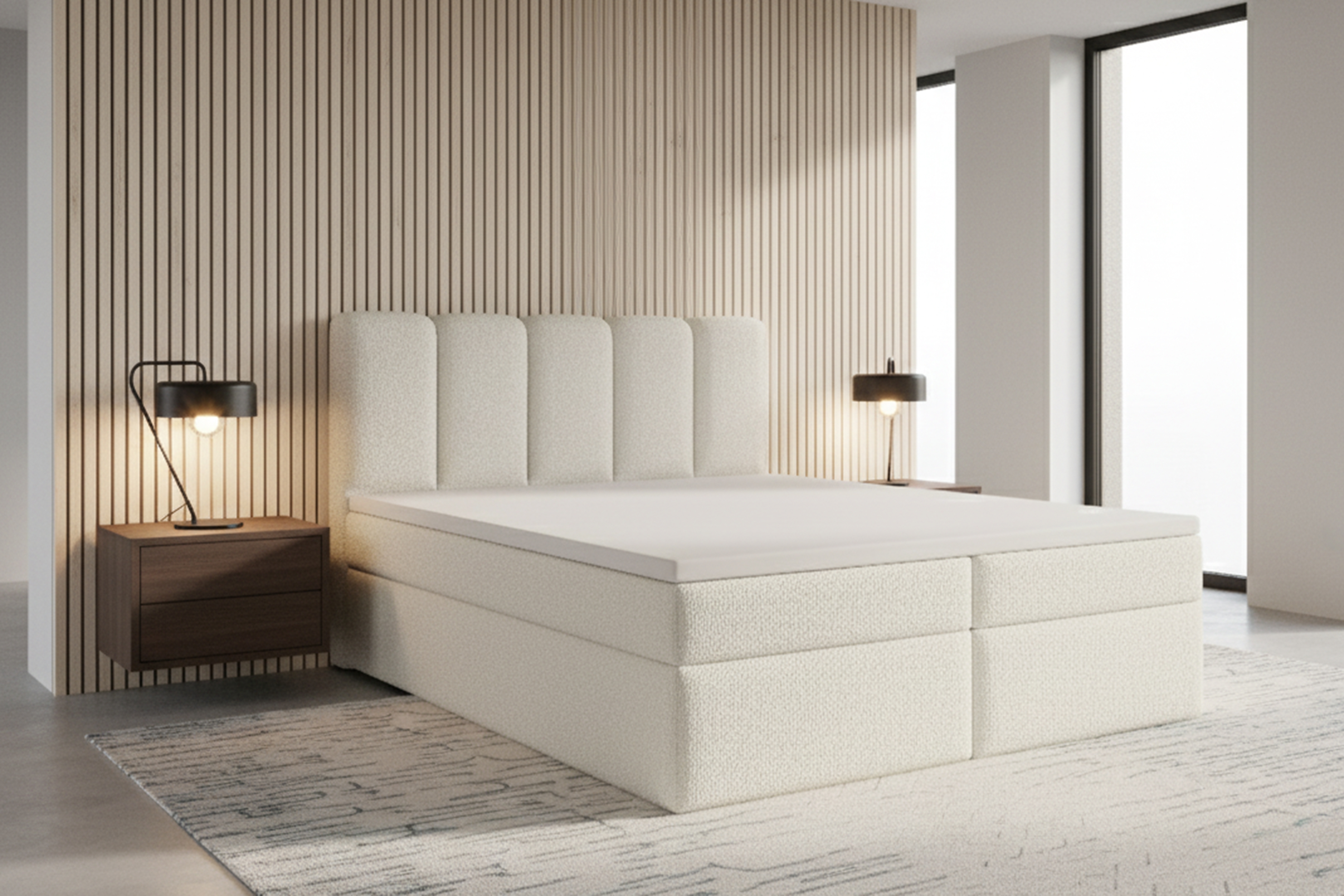 Kontinentálna posteľ Tenor 160x200 s úložným priestorom - svetlý béžový bouclé Quelle 02 Boxspring posteľ Tenor 160x200 s úložným priestorom - svetlý Béžová bukla Quelle 02 