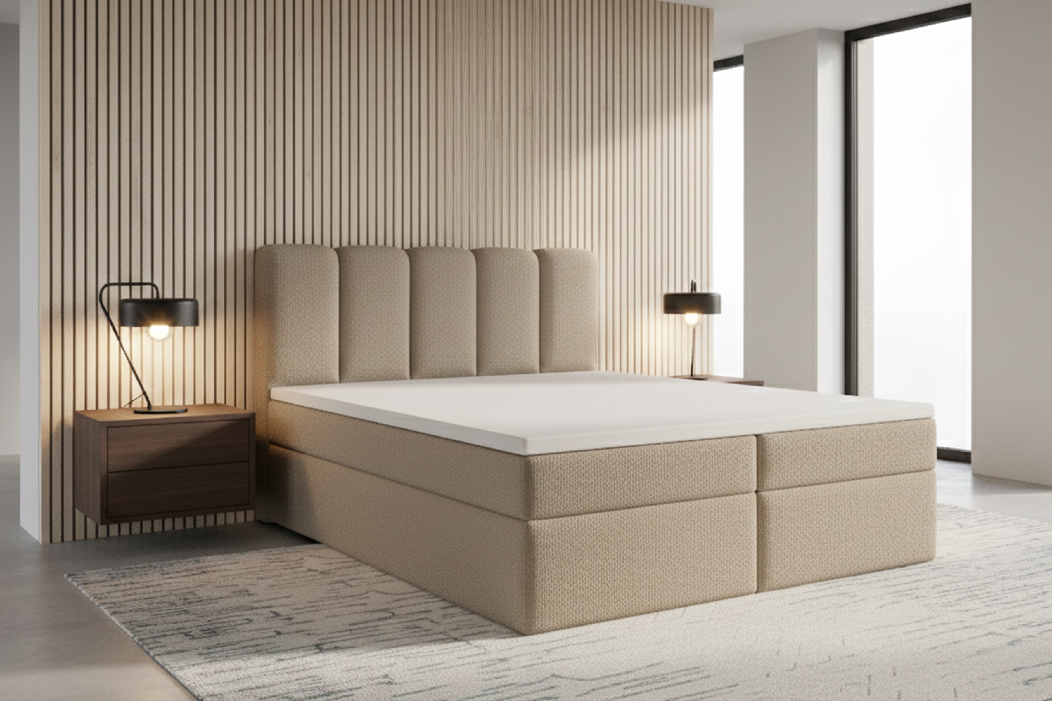 Kontinentálna posteľ Tenor 180x200 s úložným priestorom - béžová buklé Quelle 05 Boxspring posteľ Tenor 180x200 s úložným priestorom - Béžová bukla Quelle 05