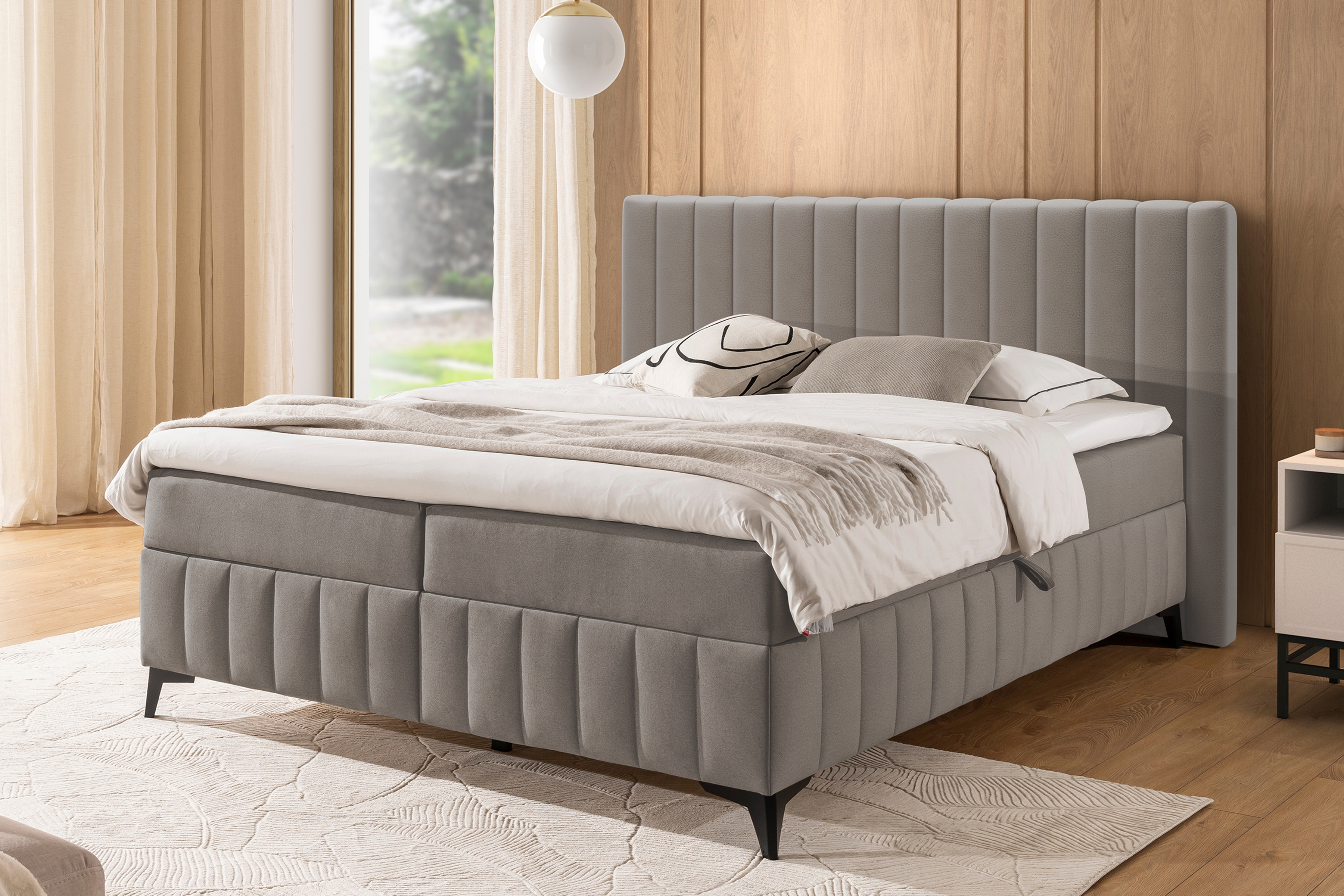 Boxspring posteľ Verona 180x200 s úložným priestorom – béžový hydrofóbny zamat Amon 16 Boxspring posteľ Verona 180x200 s úložným priestorom - béžový velúr hydrofobowy Amon 16 