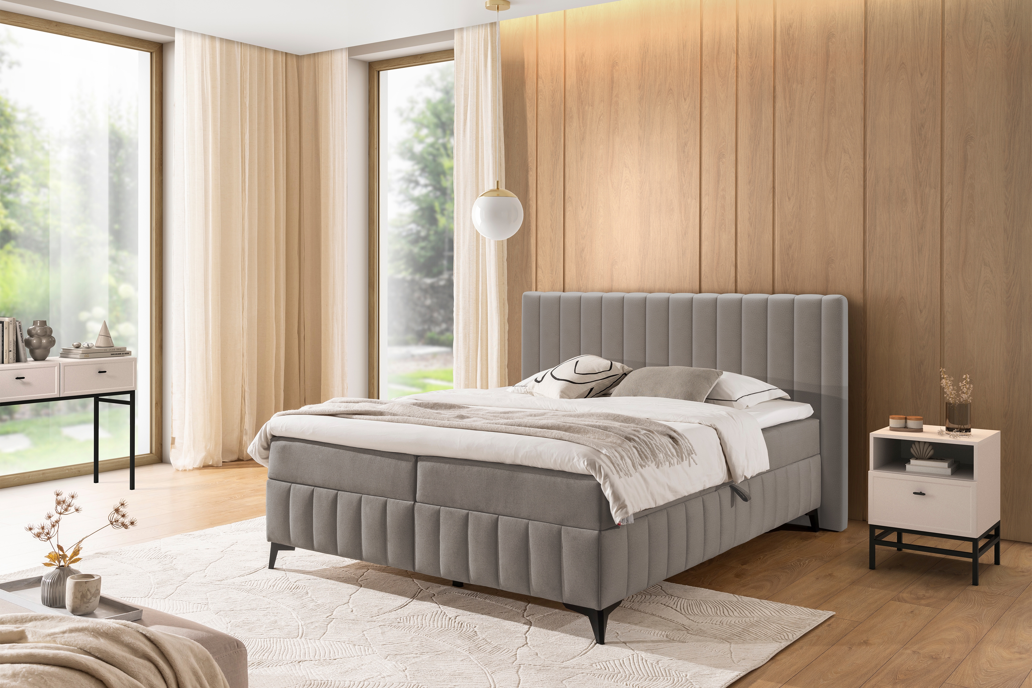 Boxspring posteľ Verona 180x200 s úložným priestorom – béžový hydrofóbny zamat Amon 16 Boxspring posteľ Verona 180x200 s úložným priestorom - béžový velúr hydrofobowy Amon 16 