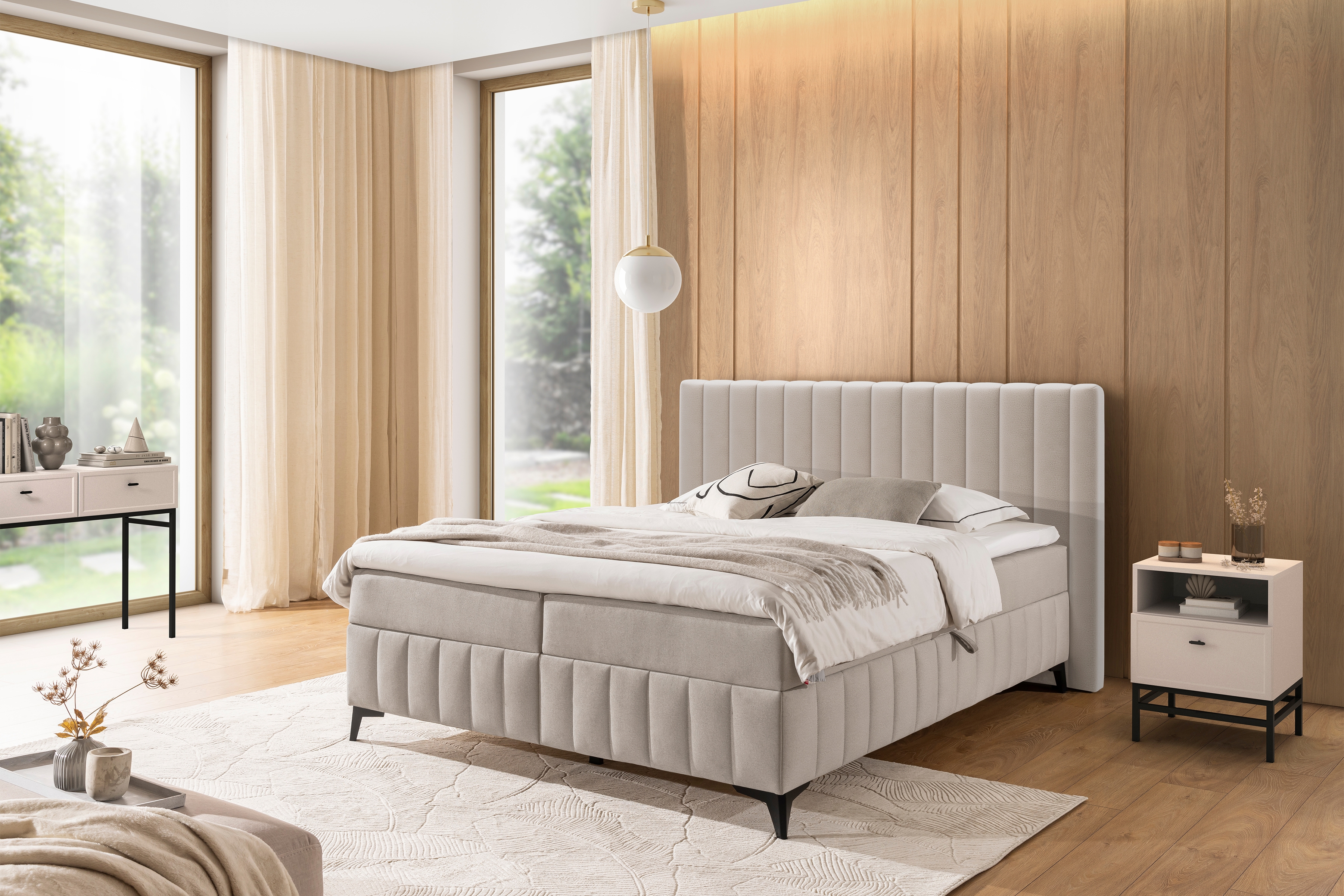 Boxspring posteľ Verona 180x200 s úložným priestorom – svetlobéžový hydrofóbny zamat Amon 17 Boxspring posteľ Verona 180x200 s úložným priestorom - svetlý Béžová velúr hydrofobowy Amon 17 