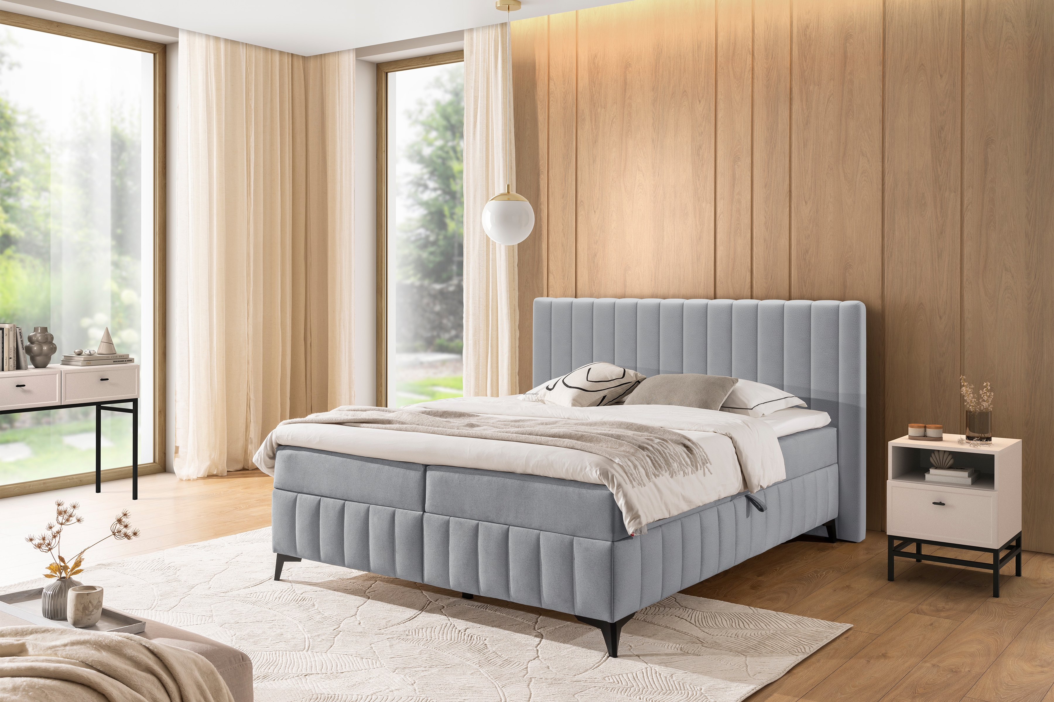 Boxspring posteľ Verona 180x200 s úložným priestorom – sivý hydrofóbny zamat Amon 10 Boxspring posteľ Verona 180x200 s úložným priestorom - šedý velúr hydrofobowy Amon 10 