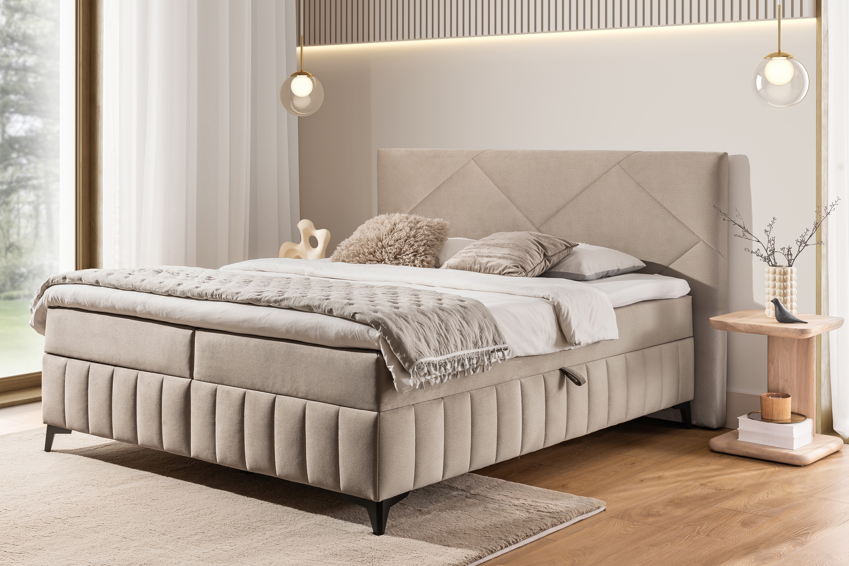 Posteľ Boxspring Wasil 160x200 s úložným priestorom - béžový zamat Element 6 Boxspring posteľ Wasil 160x200 s úložným priestorom - béžový velúr hydrofobowy Element 6