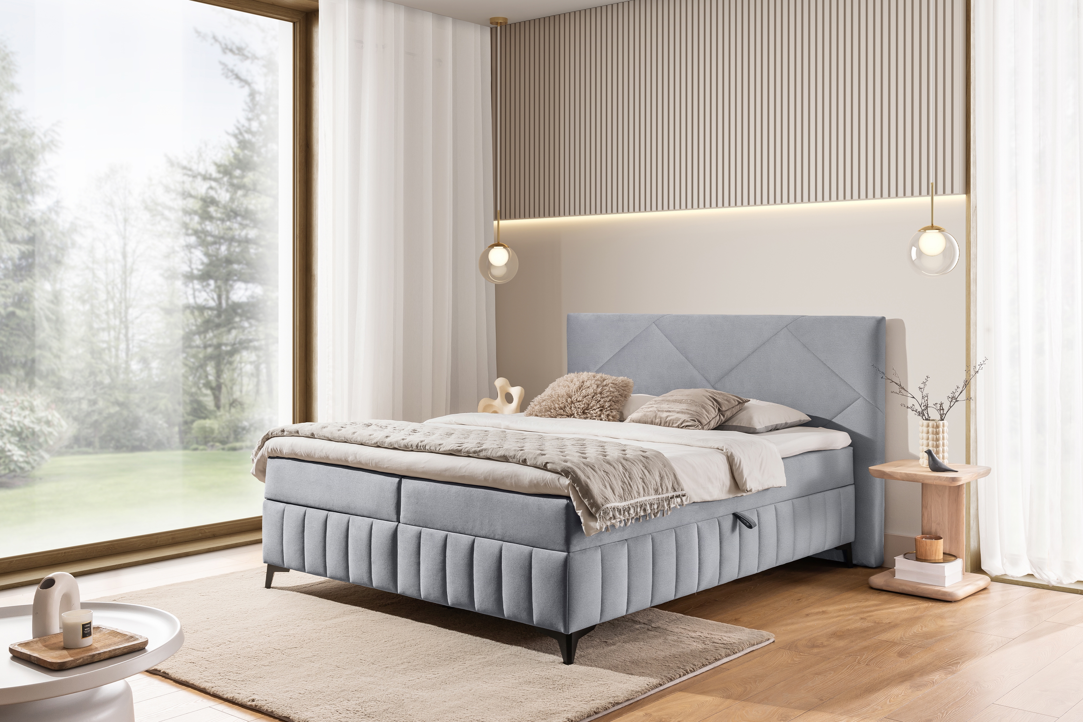 Posteľ Boxspring Wasil 160x200 s úložným priestorom - popolový hydrofóbny zamat Element 24 Boxspring posteľ Wasil 160x200 s úložným priestorom - Popolový zamat hydrofobowy Element 24 