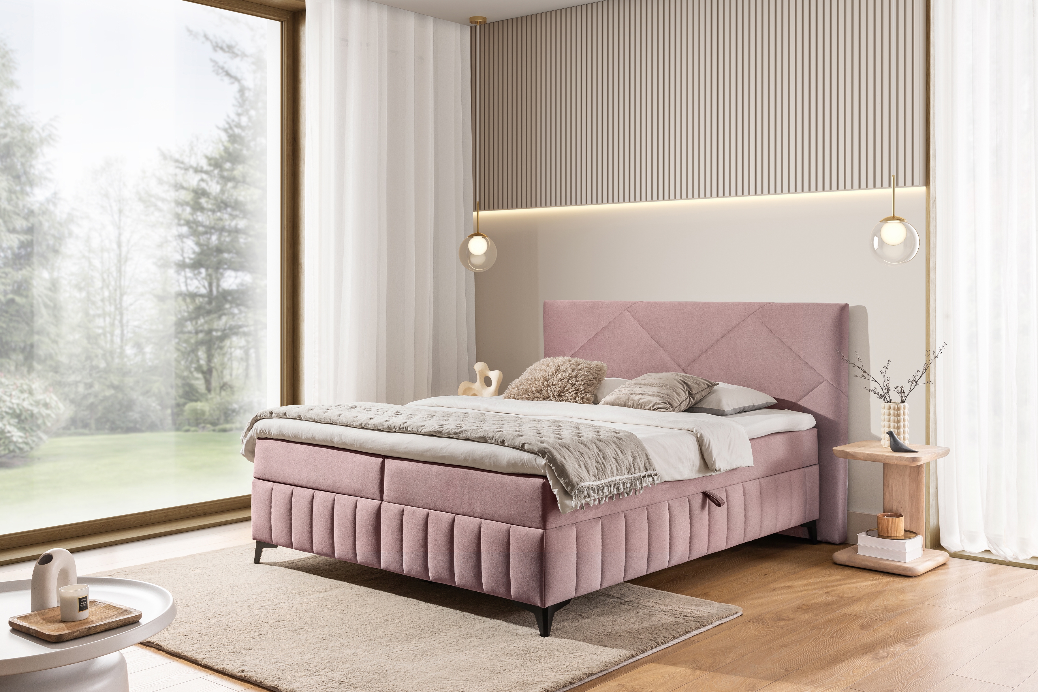 Posteľ Boxspring Wasil 160x200 s úložným priestorom - ružový hydrofóbny zamat Element 18 Boxspring posteľ Wasil 160x200 s úložným priestorom - Ružová zamat hydrofobowy Element 18