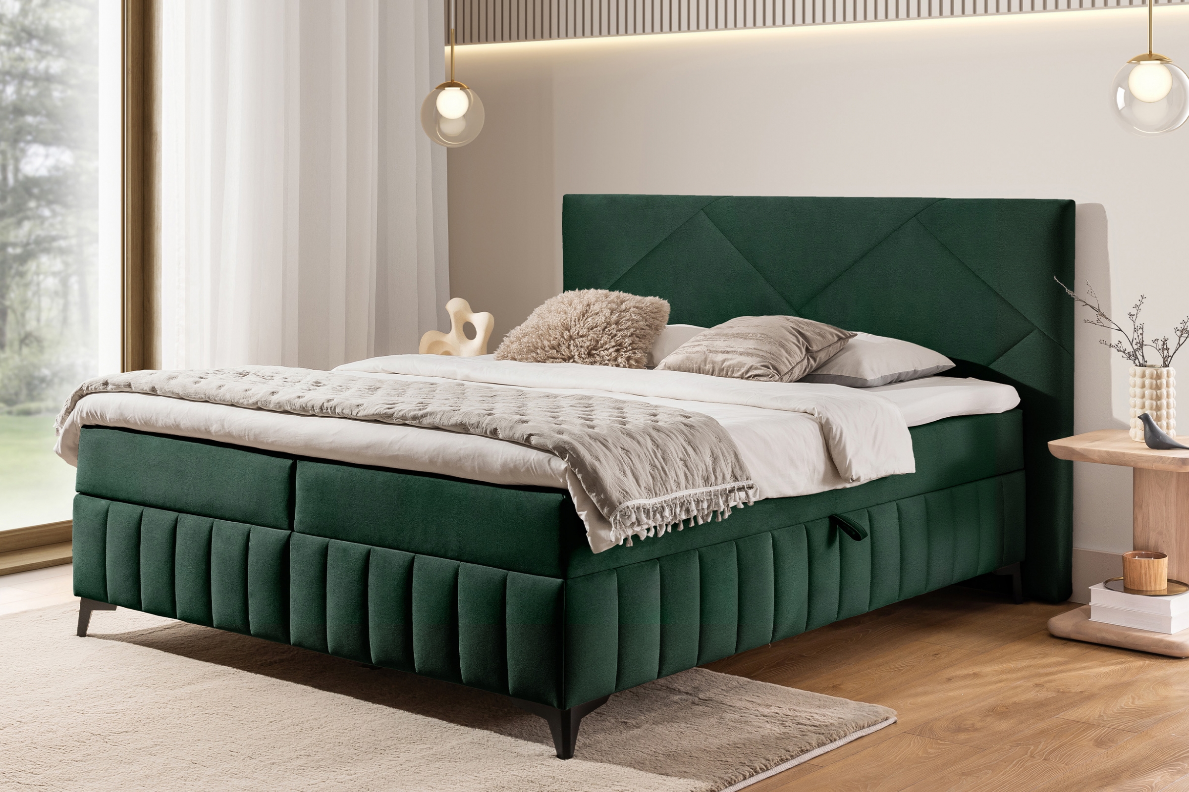 Posteľ Boxspring Wasil 160x200 s úložným priestorom - zelený hydrofóbny zamat Element 12 Boxspring posteľ Wasil 160x200 s úložným priestorom - Zelený velúr hydrofobowy Element 12