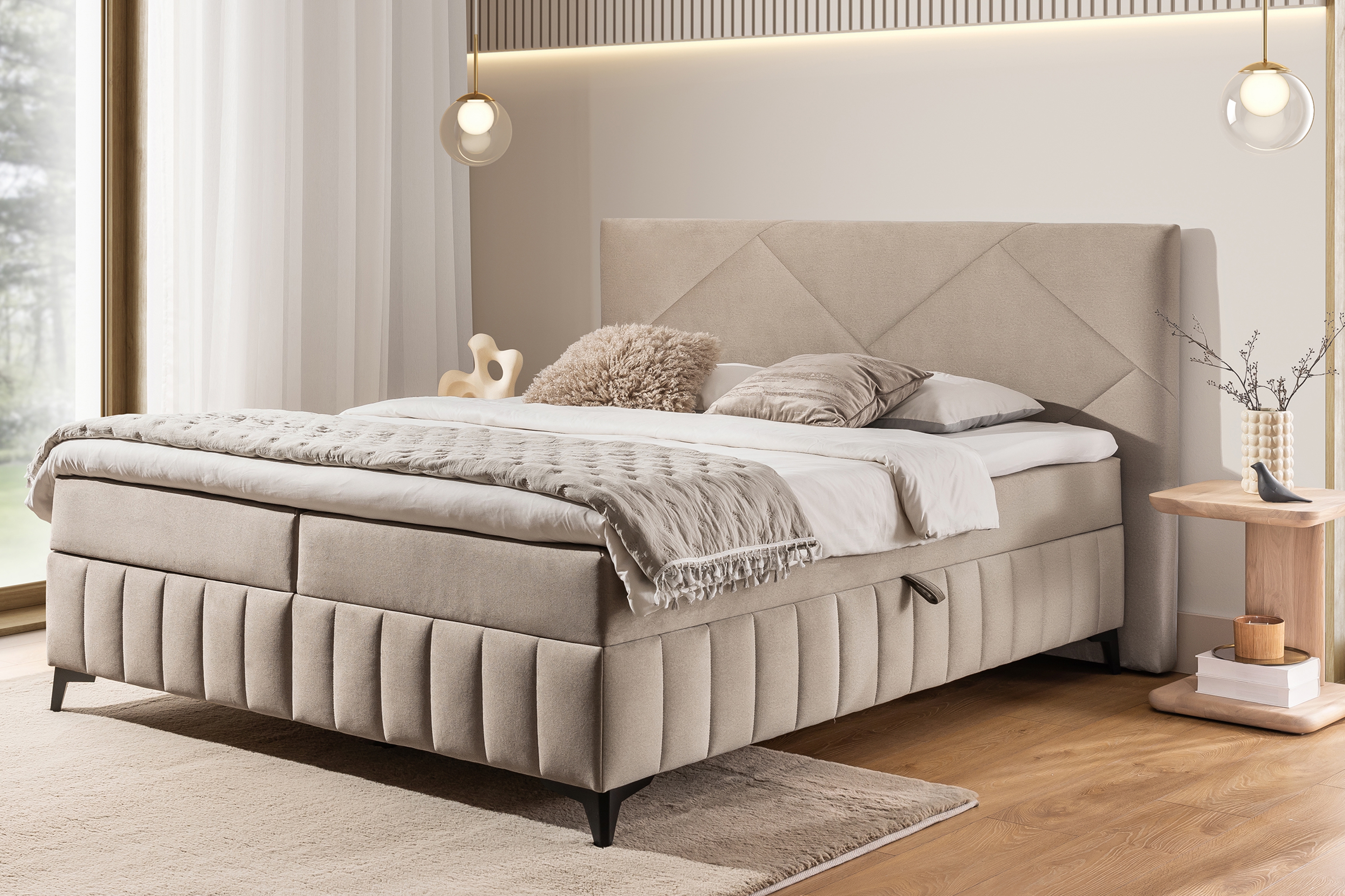 Posteľ Boxspring Wasil 180x200 s úložným priestorom - béžový hydrofóbny zamat Element 6 Boxspring posteľ Wasil 180x200 s úložným priestorom - béžový velúr hydrofobowy Element 6 