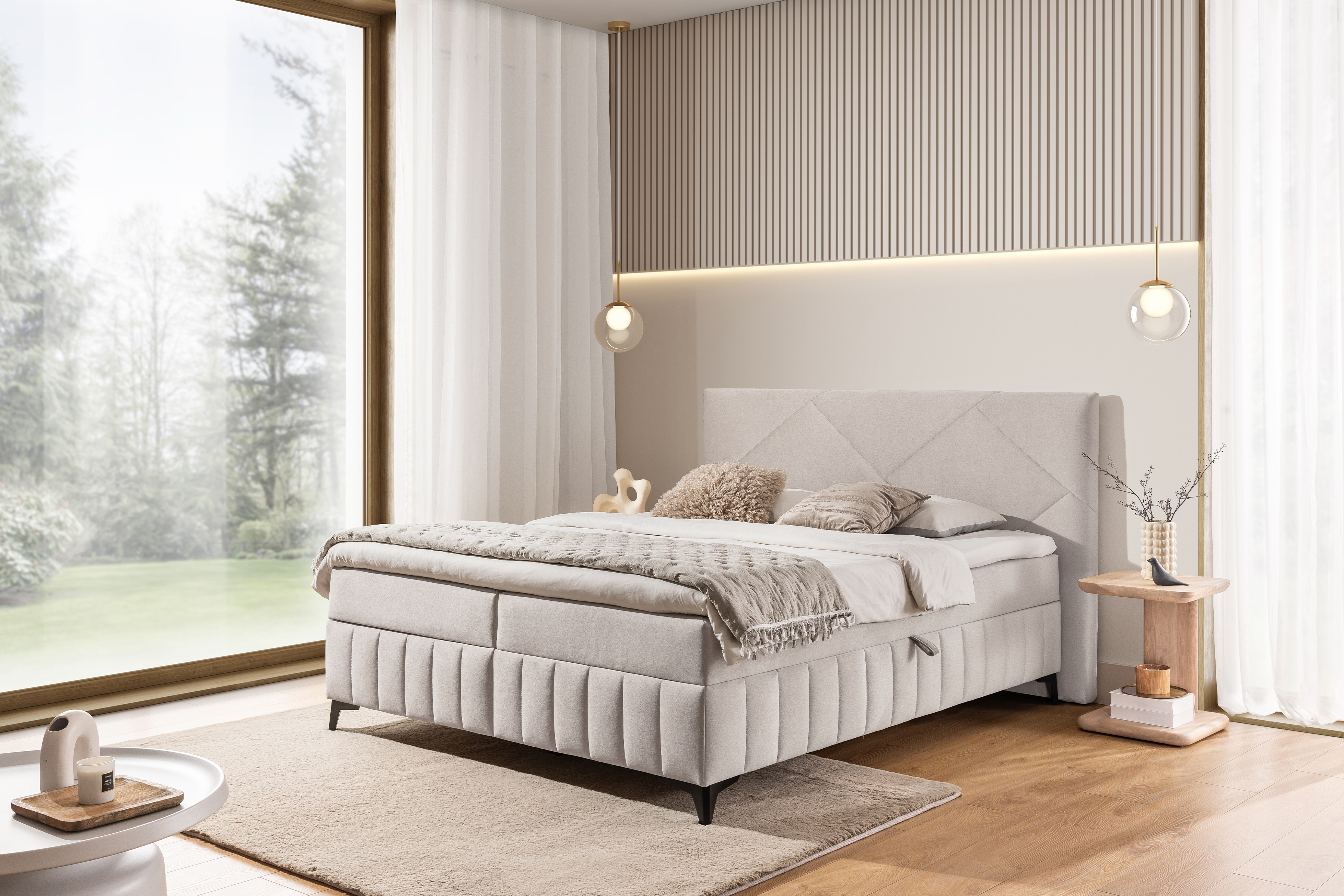 Posteľ Boxspring Wasil 180x200 s úložným priestorom - krémový hydrofóbny zamat Element 17 Boxspring posteľ Wasil 180x200 s úložným priestorom - Krémový zamat hydrofobowy Element 17
