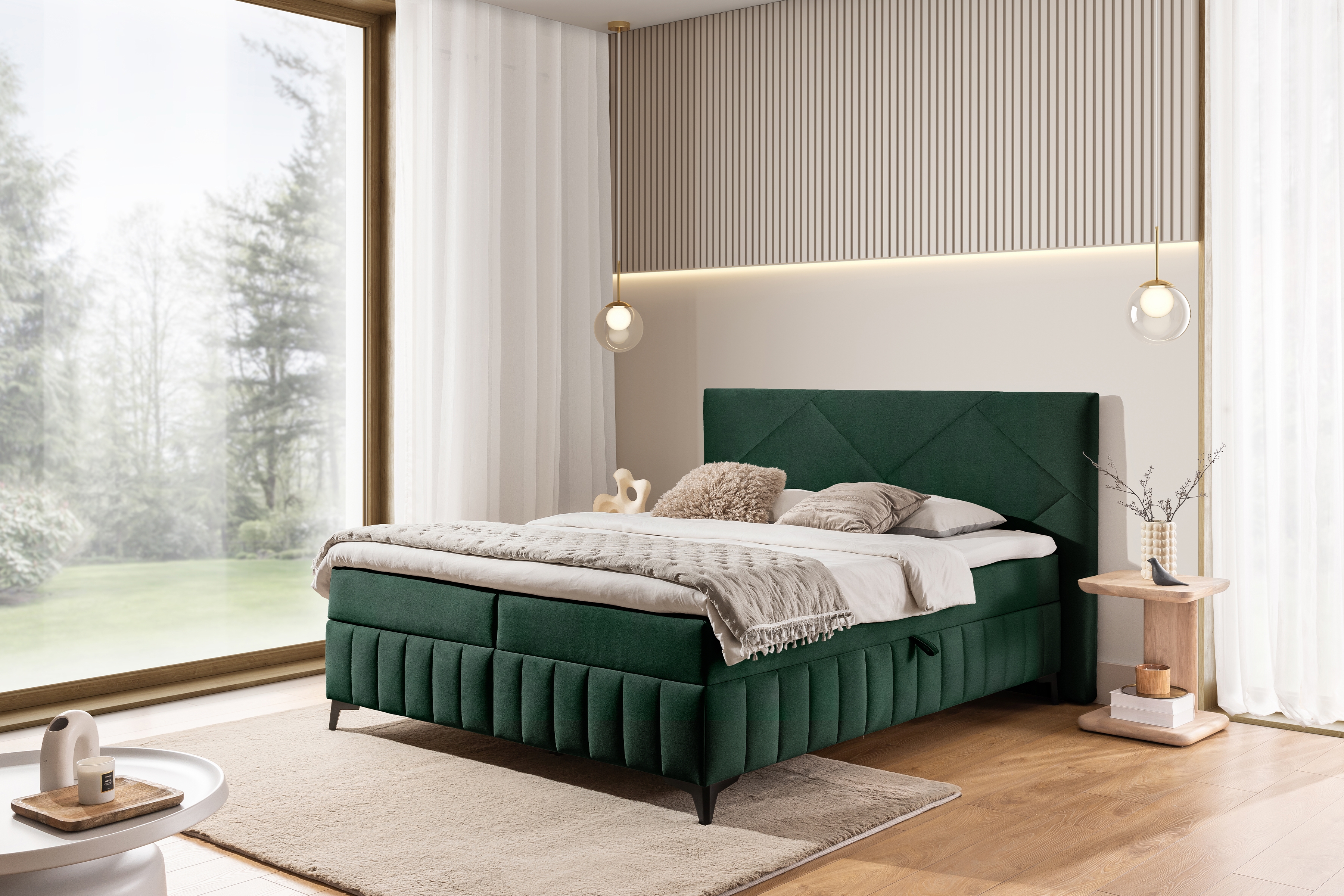 Boxspring posteľ Wasil 180x200 s úložným priestorom - zelený hydrofóbny zamat Element 12 Boxspring posteľ Wasil 180x200 s úložným priestorom - Zelený zamat hydrofobowy Element 12