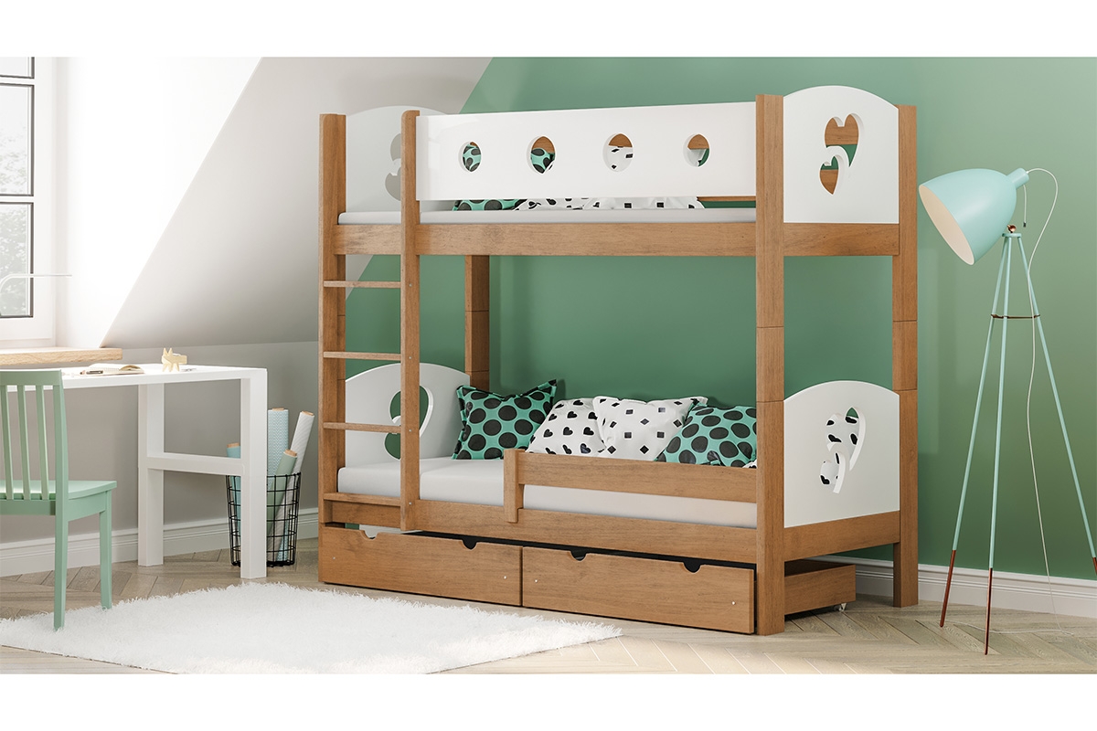 Patrová postel Marcelina - s motivem srdcí postel pietrowe w barevným odstínu olchy 