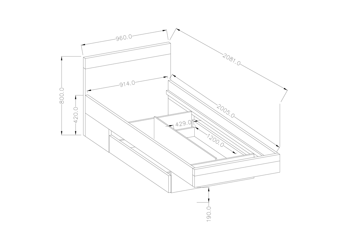 Studentská postel Bota 90 x 200 - bílá / beton colorado - výprodej Postel se zásuvkami