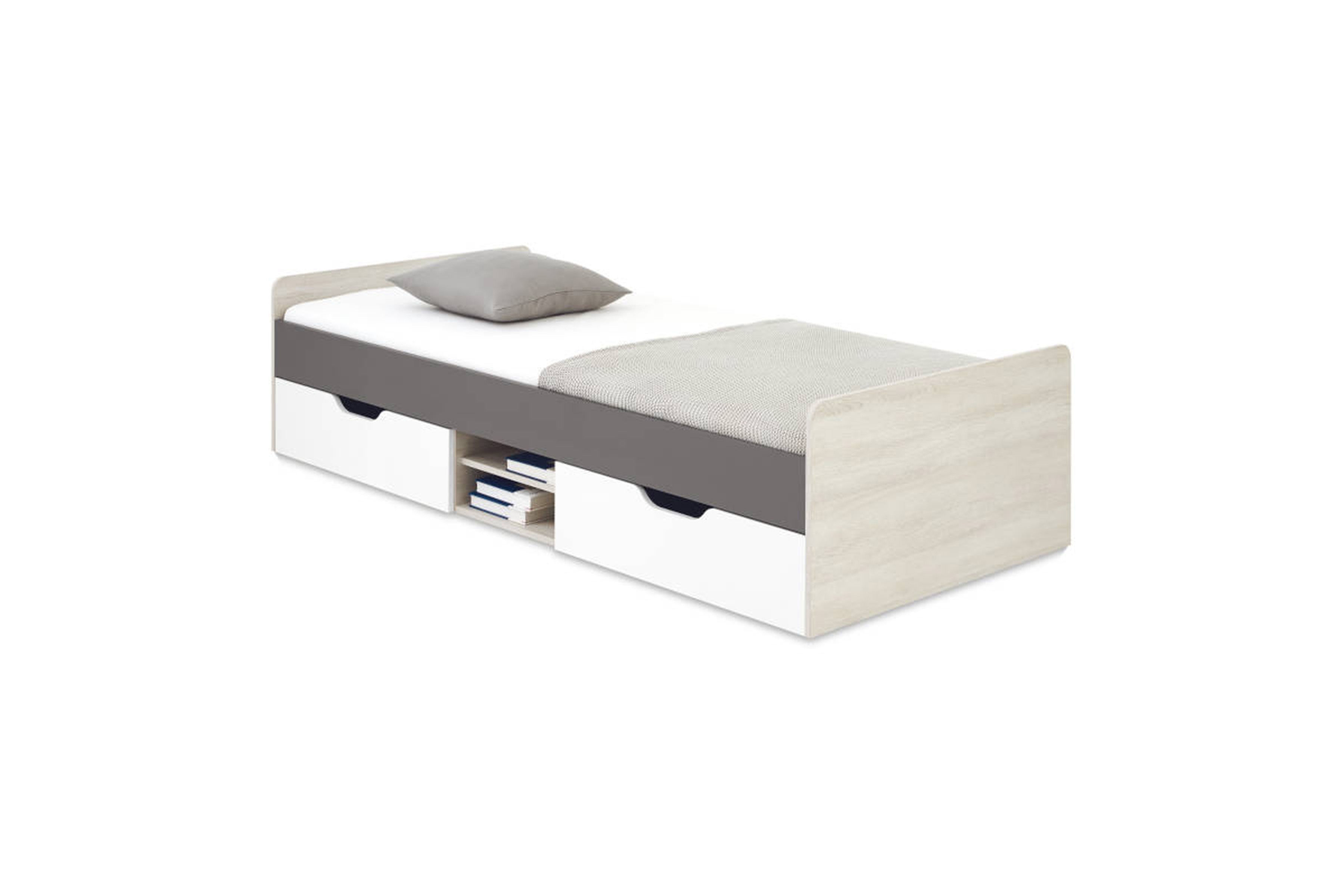 Detská posteľ Lumo 15 90x200 so zásuvkami a úložným priestorom - dub wilton biely / biely lux / antracit Posteľ mlodziezowe Lumo 15 90x200 so zásuvkami a úložným priestorom - Dub wilton biela / biela lux / Antracytová