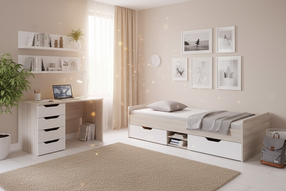 Detská posteľ Lumo 16 120x200 so zásuvkami a úložným priestorom - dub wilton biely / biely lux / antracit Posteľ mlodziezowe Lumo 16 120x200 so zásuvkami a úložným priestorom - Dub wilton biela / biela lux / Antracytová