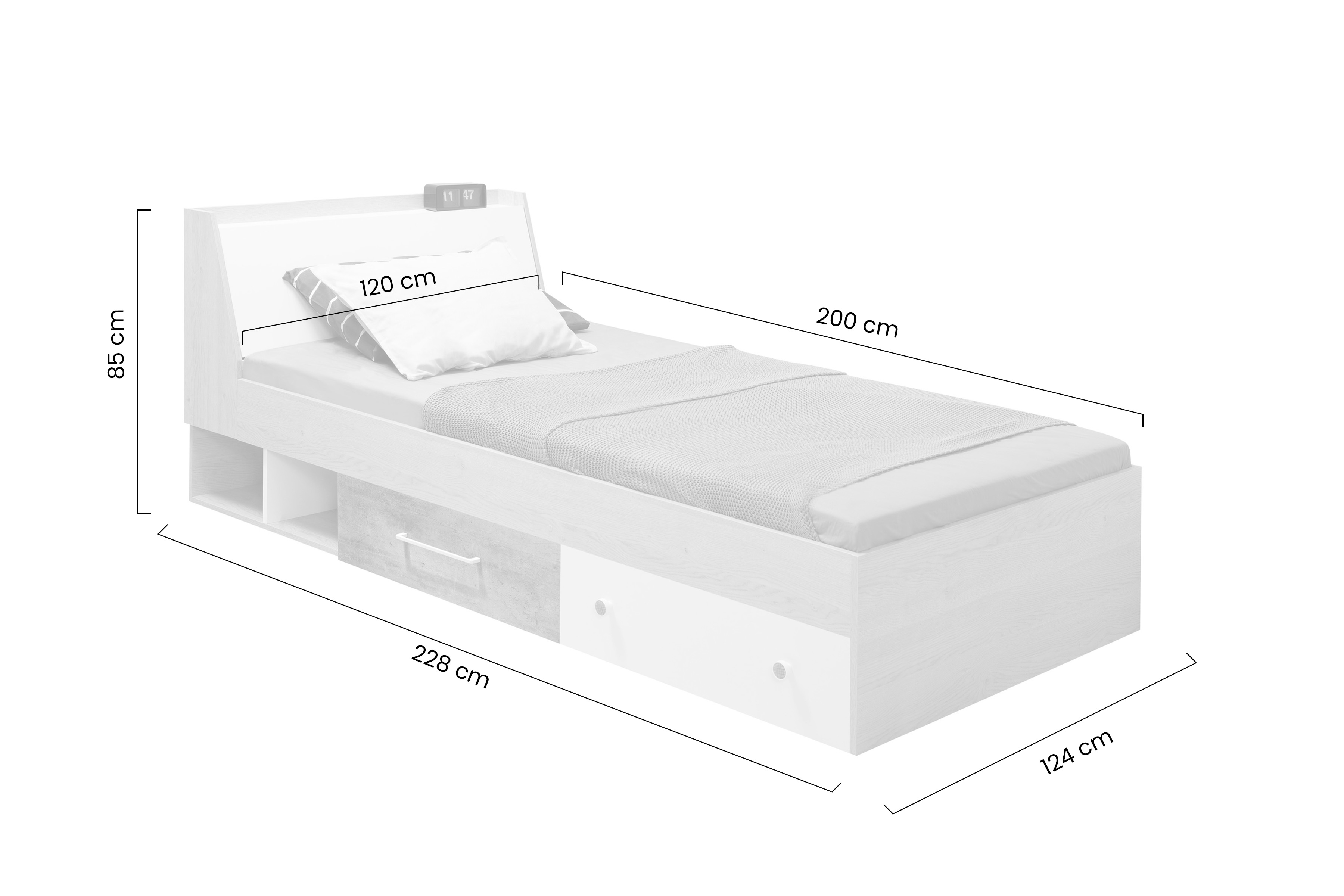 Detská posteľ Step ST12 120x200 s úložným priestorom - dub piškótový / biely lux / betón Posteľ mlodziezowe Step ST12 120x200 so zásuvkami a úložným priestorom - Dub biszkoptowy / Biely lux / beton