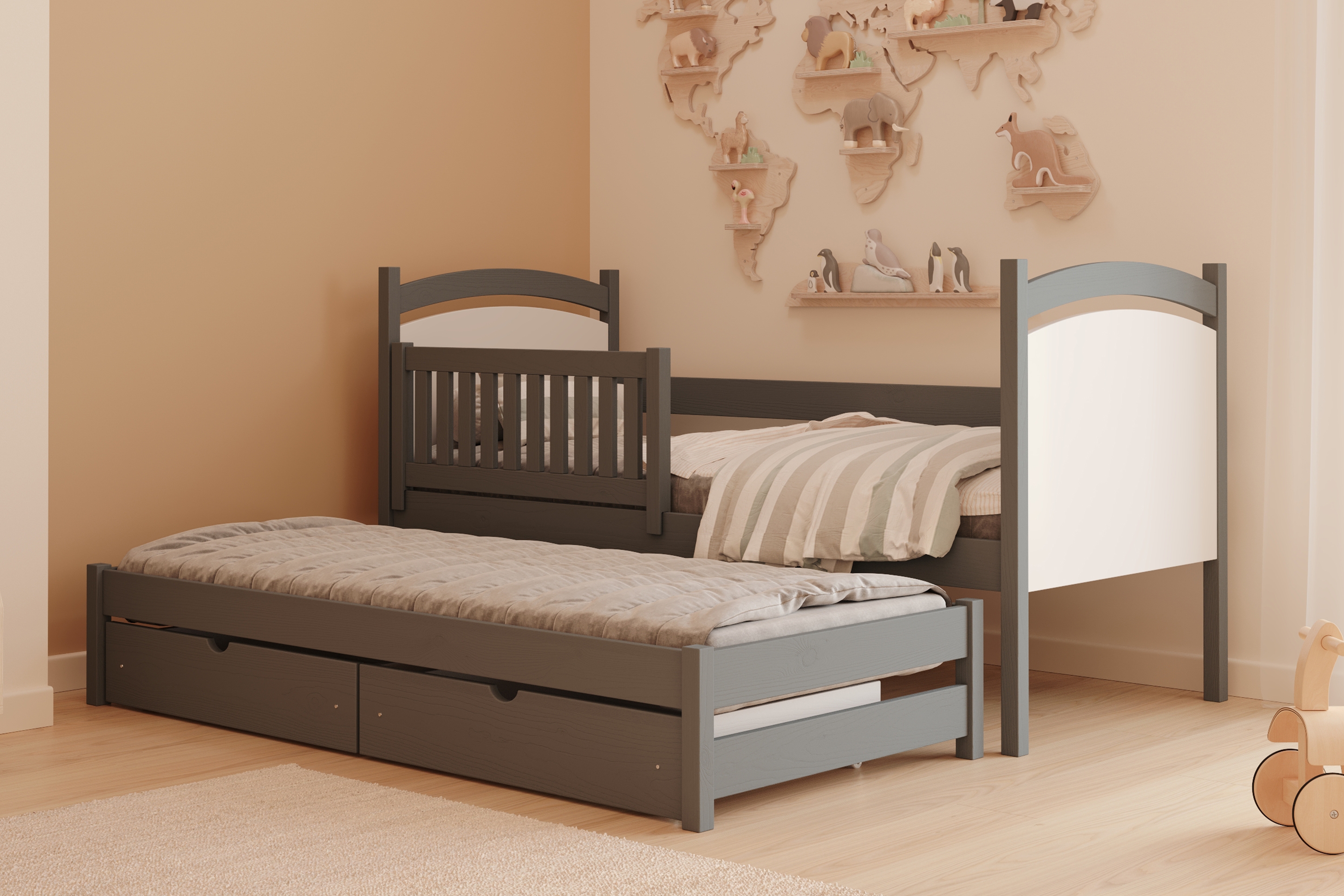 Posteľ s prístelkou s tabuľou Amely - grafit, 90x180 Posteľ prízemná Amely 90x180 výsuvna z tablica suchoscieralna - grafit