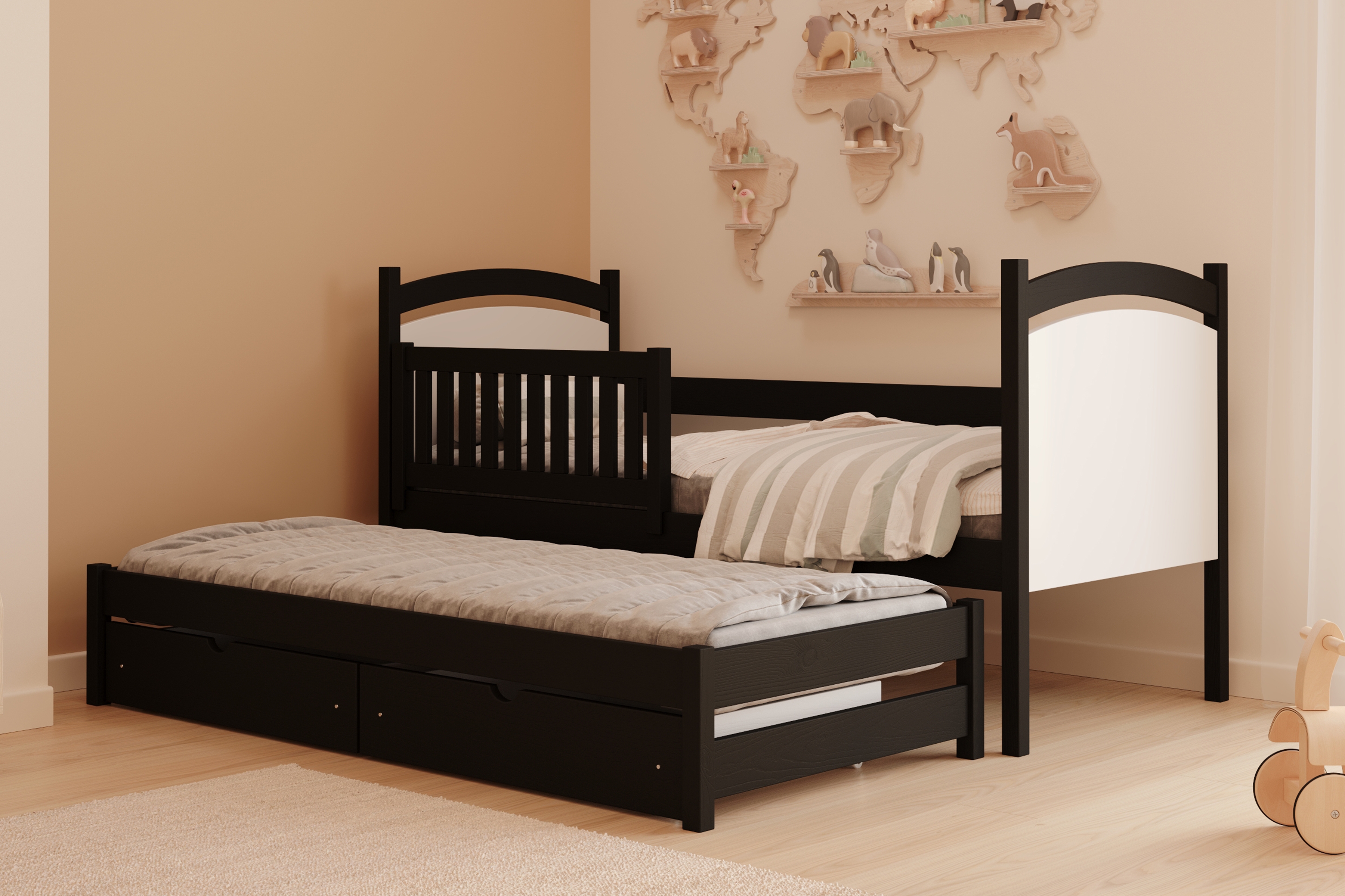 Posteľ Amely s prístelkou a tabuľou stierateľnou za sucha - 90x190 cm - čierna Posteľ prízemná Amely 90x190 výsuvna z tablica suchoscieralna - Čierny