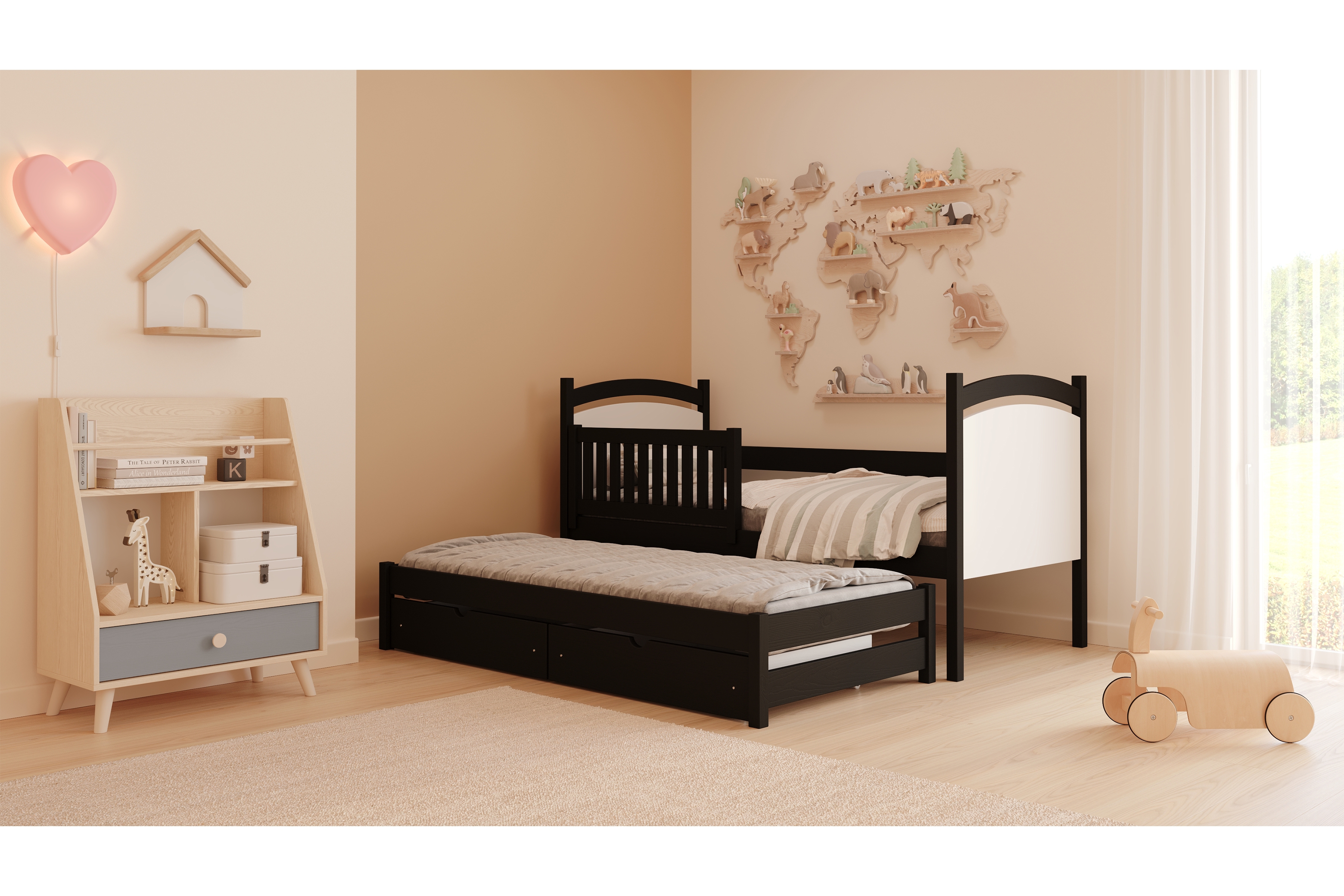 Posteľ Amely s prístelkou a tabuľou stierateľnou za sucha - 90x190 cm - čierna Posteľ prízemná Amely 90x190 výsuvna z tablica suchoscieralna - Čierny