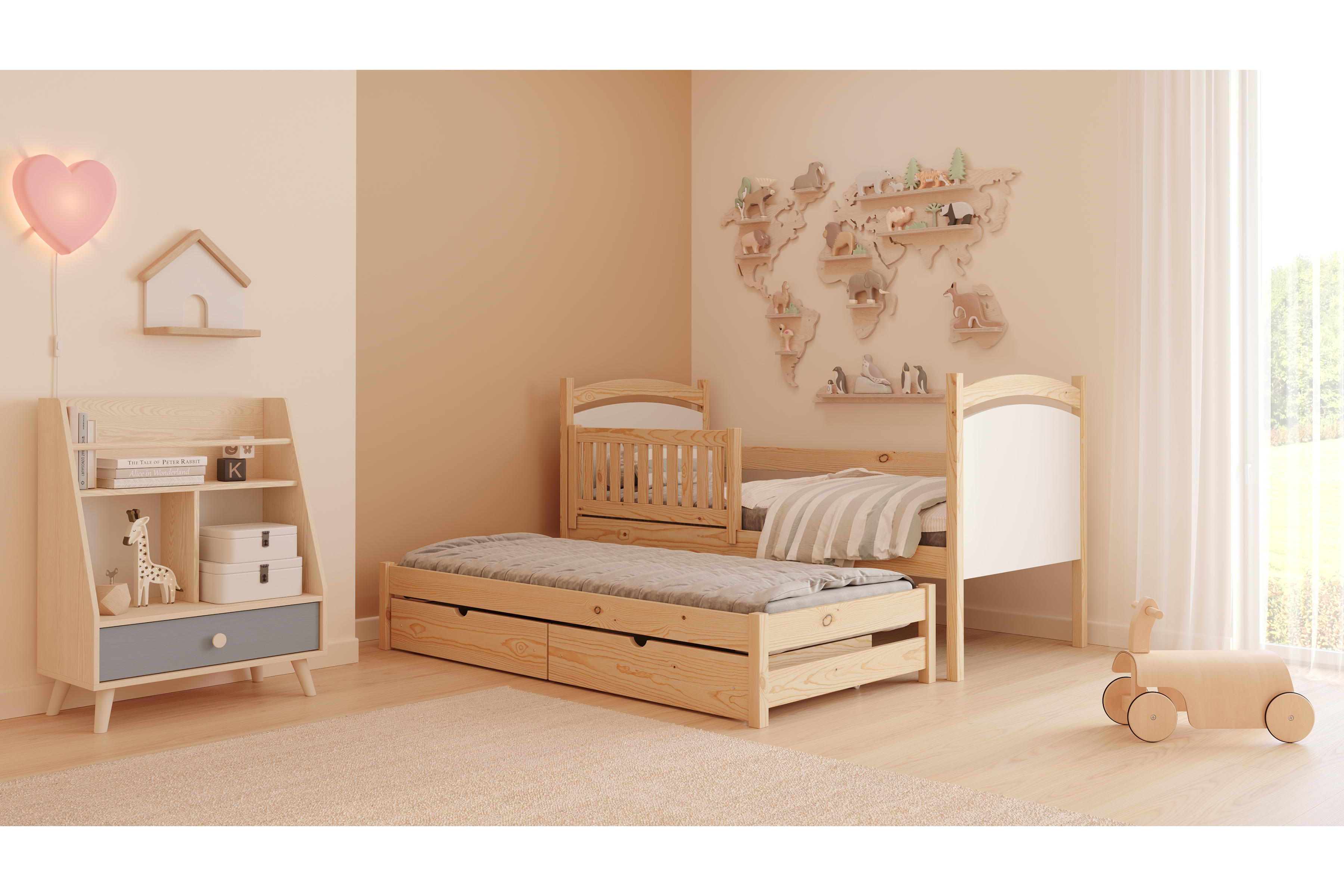 Dětská přízemní výsuvná postel Amely s tabulí na fixy 90x190 cm - borovice Postel přízemní Amely 90x190 výsuvná z tablica suchoscieralna - borovice