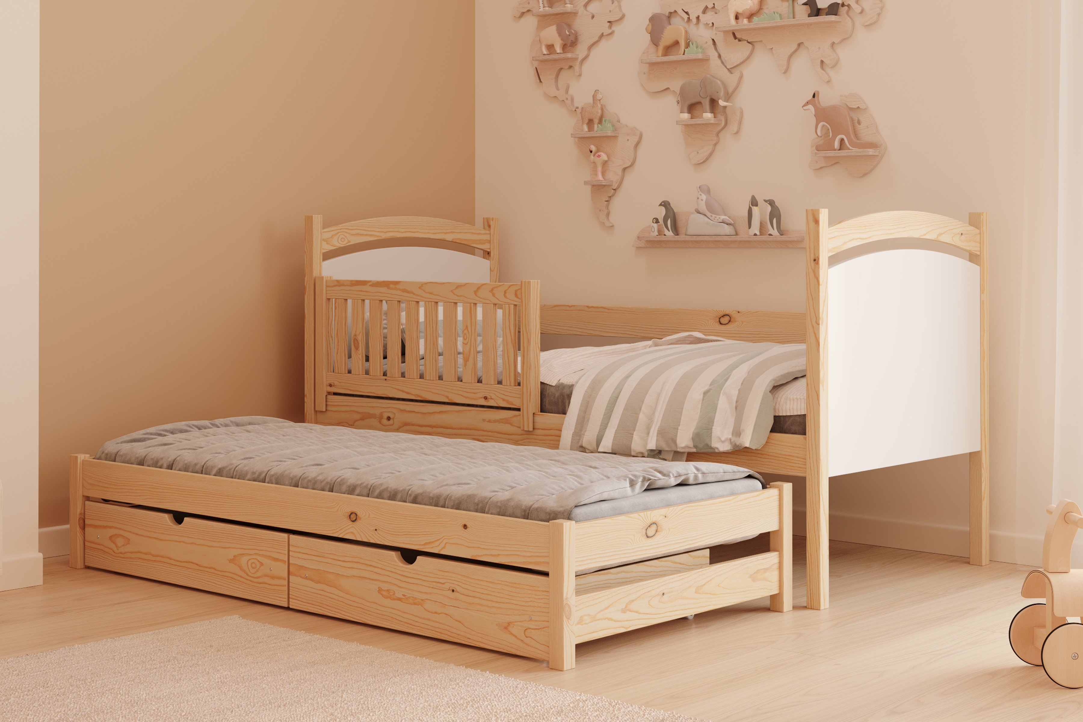 Dětská přízemní výsuvná postel Amely s tabulí na fixy 90x200 cm - borovice Postel přízemní Amely 90x200 výsuvná z tablica suchoscieralna - borovice 