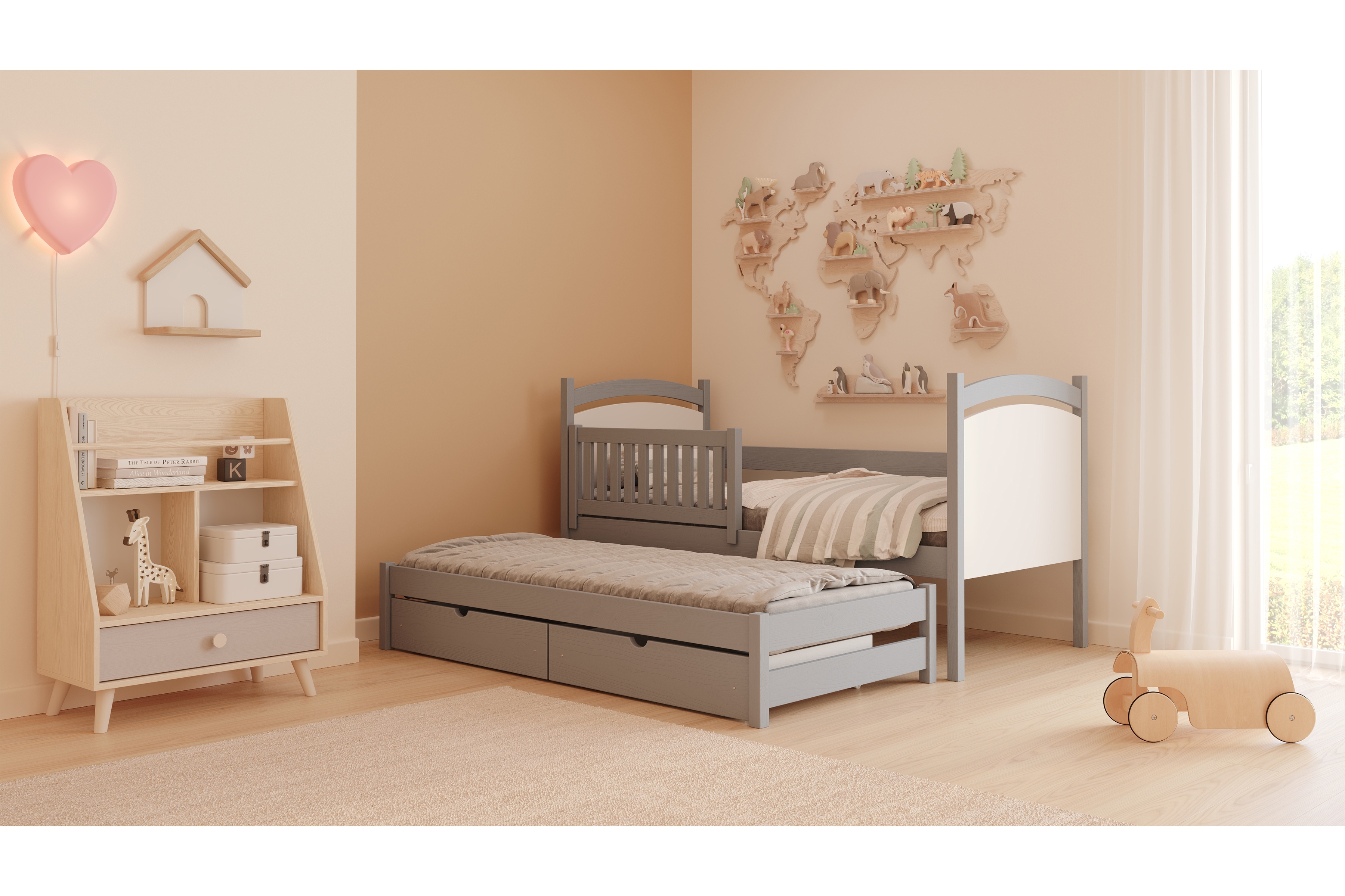 Posteľ s prístelkou s tabuľou Amely - šedý, 90x200 Posteľ prízemná Amely 90x200 výsuvna z tablica suchoscieralna - šedý