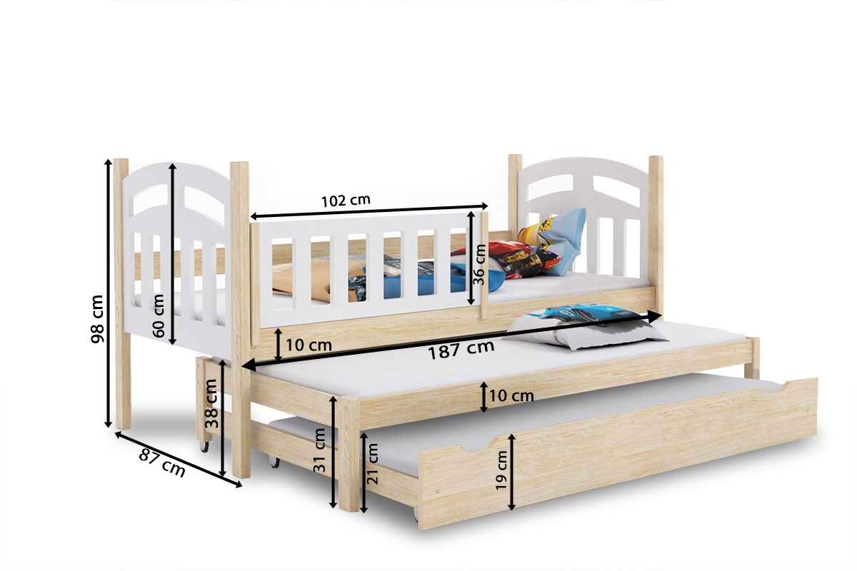 Přízemní výsuvná postel Nati pro 3 osoby se zásuvkou a funkcí rozkladu postel přízemní výsuvná do 3 osoby Nati