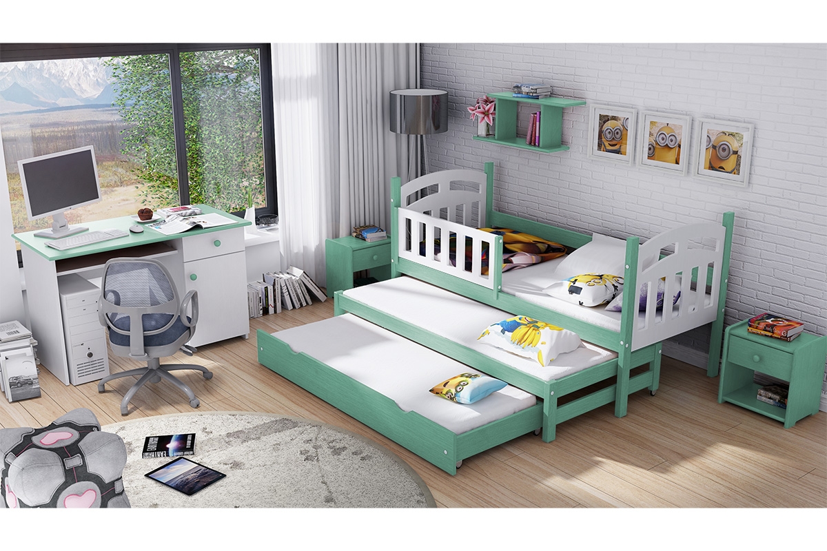 Přízemní výsuvná postel Nati pro 3 osoby se zásuvkou a funkcí rozkladu mátová dřevěná postel