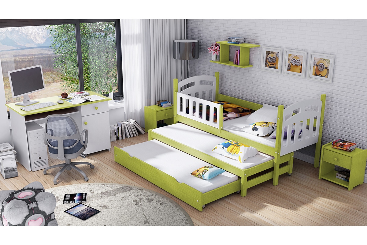 Přízemní výsuvná postel Nati pro 3 osoby se zásuvkou a funkcí rozkladu Zelená postel do 3 osoby