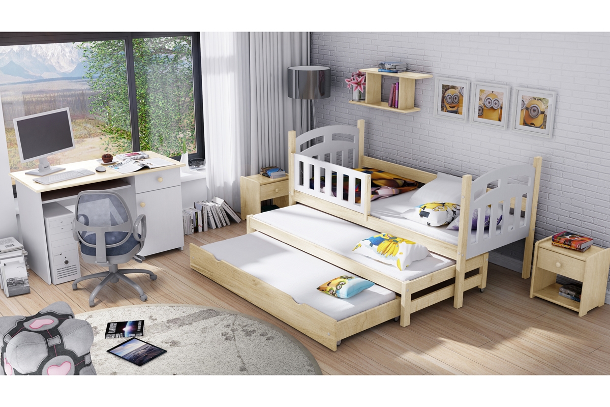 Přízemní výsuvná postel Nati pro 3 osoby se zásuvkou a funkcí rozkladu postel se zásuvkou s matrací