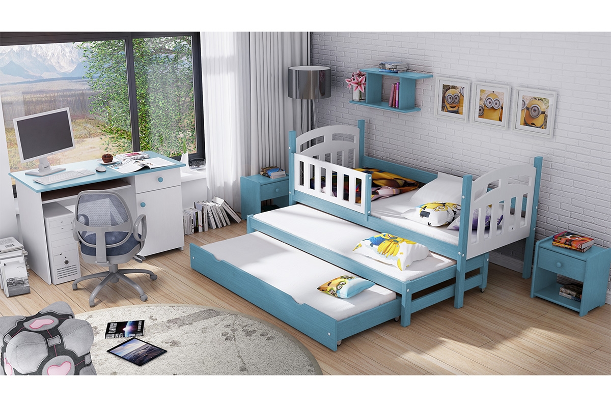Přízemní výsuvná postel Nati pro 3 osoby se zásuvkou a funkcí rozkladu postel Modrá přízemní