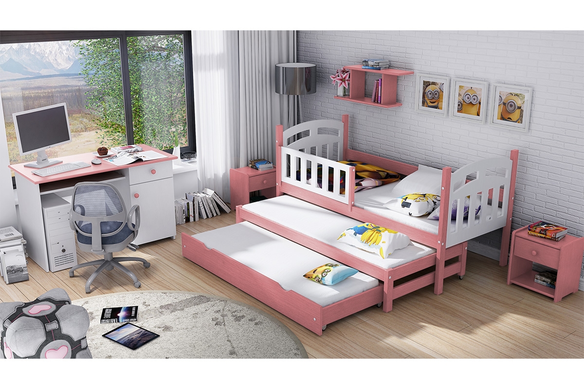 Přízemní výsuvná postel Nati pro 3 osoby se zásuvkou a funkcí rozkladu postel s výsuvným spaním