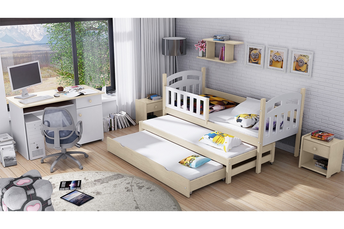 Přízemní výsuvná postel Nati pro 3 osoby se zásuvkou a funkcí rozkladu borovicová postel do 3 osoby