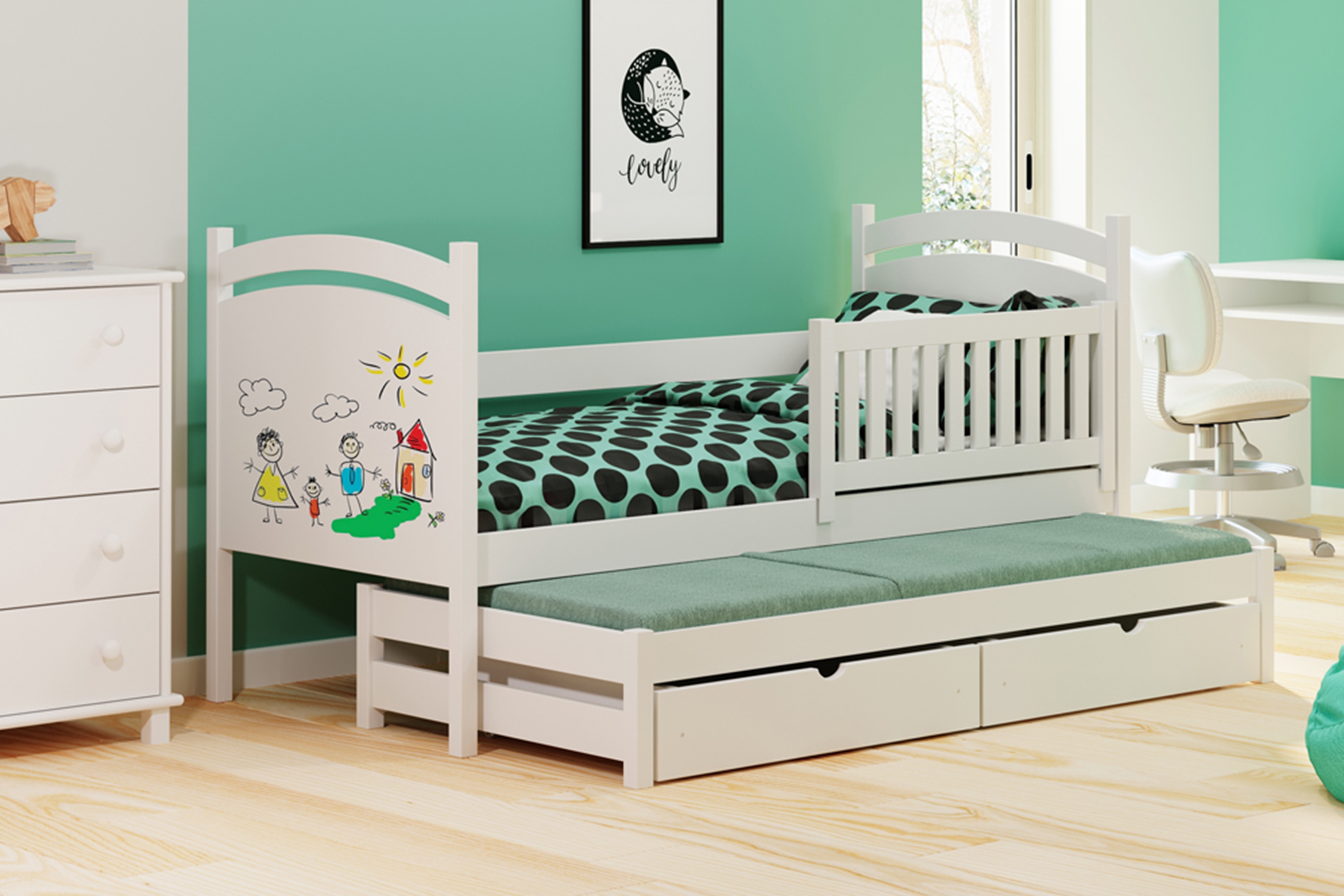 Dětská rozkládací postel Amely s tabulí na fixy 80x160 cm - bílá Postel přízemní výsuvná z tablica suchoscieralna Amely - 80x160 / bílá