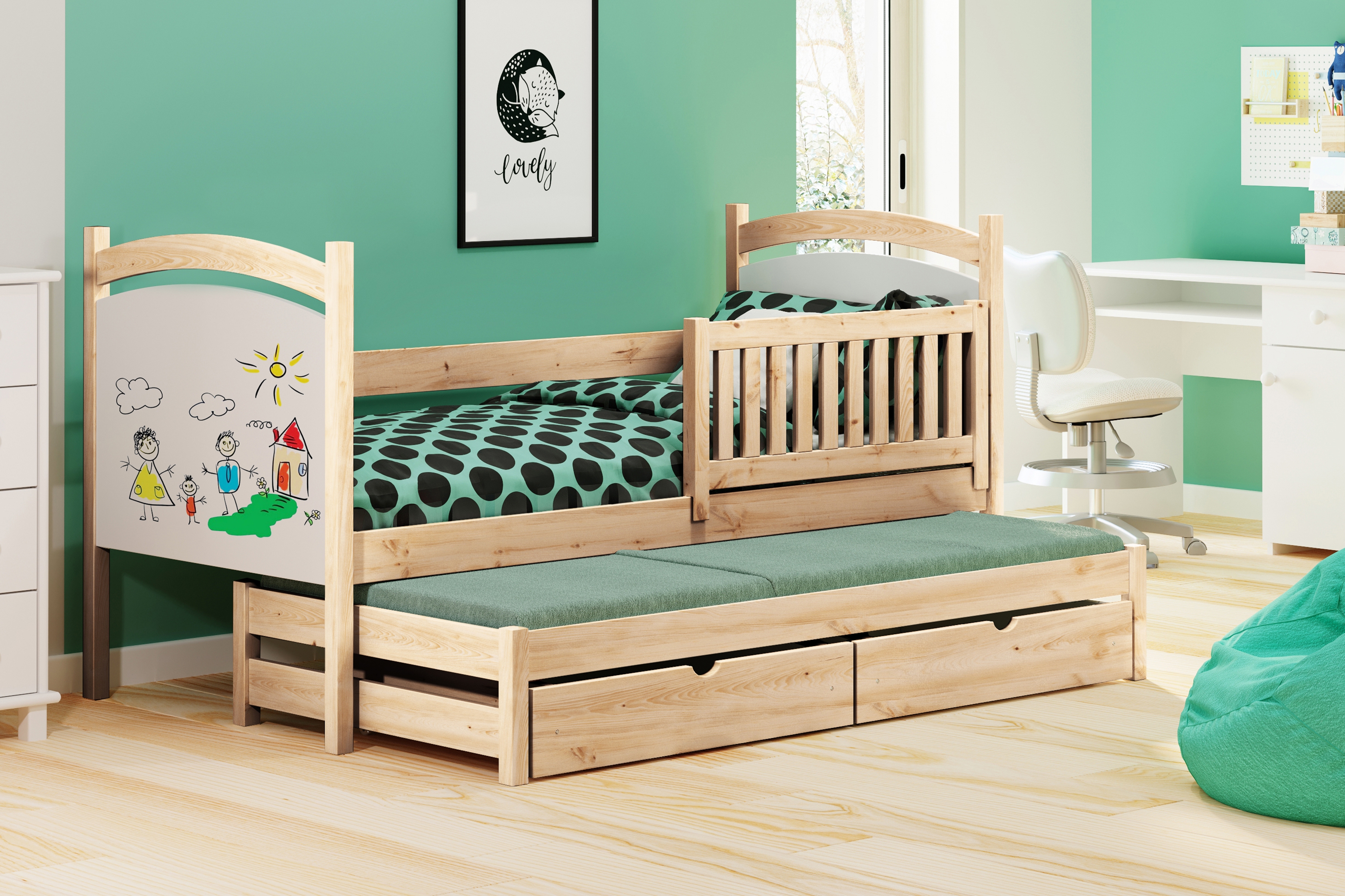 Posteľ s prístelkou s tabuľou Amely - borovica, 80x160 Posteľ prízemná výsuvna z tablica suchoscieralna Amely - 80x160 / Borovica