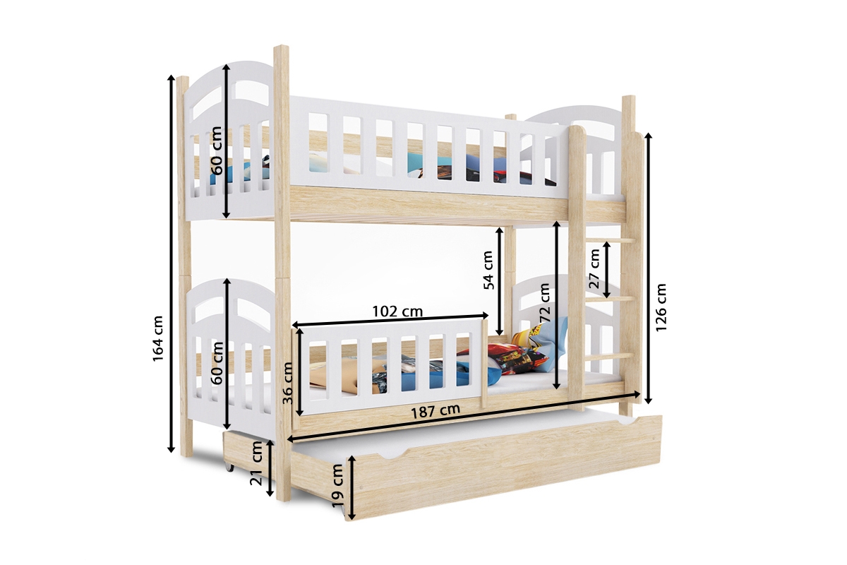 Patrová postel Nati pro 3 osoby se zásuvkou a funkcí rozkladu Lozo patrová do 3 osoby, se zásuvkou s funkcí spaní