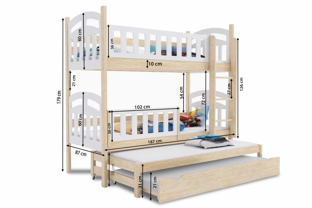 Patrová postel Nati pro 4 osoby se zásuvkou a funkcí rozkladu Postel patrová do 4 osoby Nati, se zásuvkou s funkcí spaní