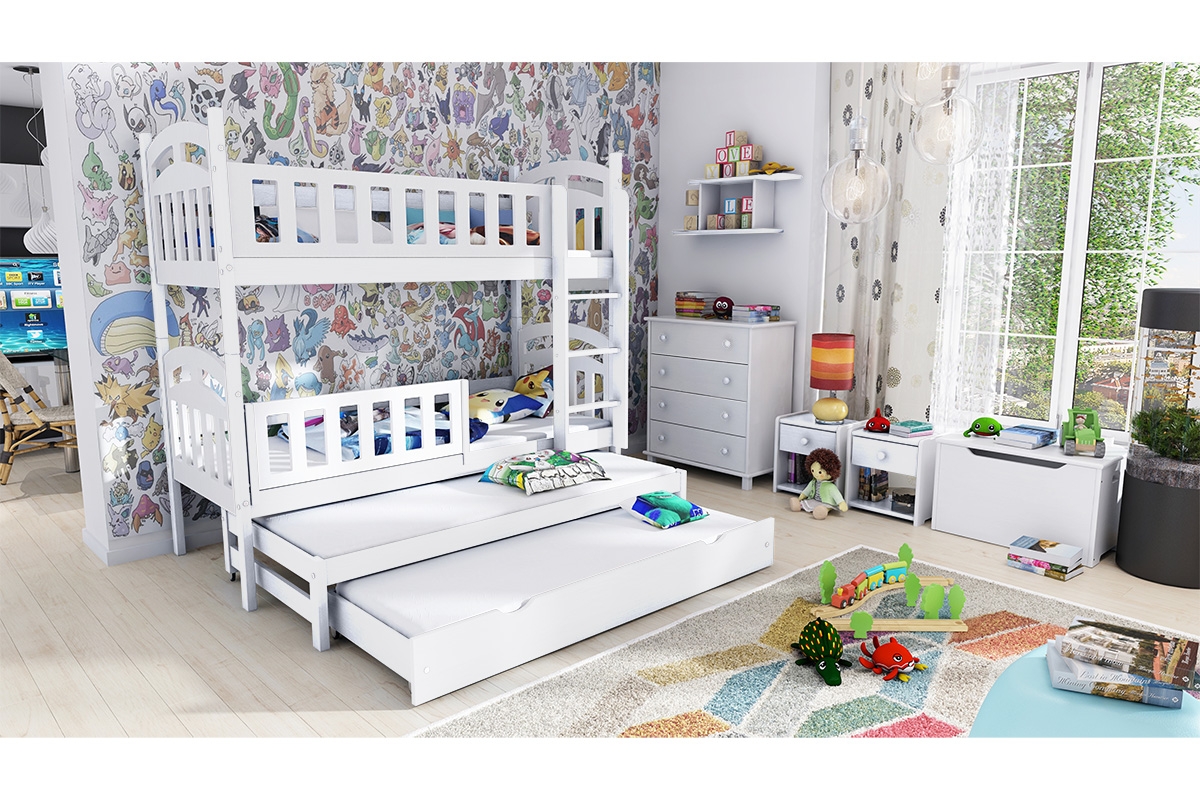 Patrová postel Nati pro 4 osoby se zásuvkou a funkcí rozkladu postel s ozdobnou zábranou