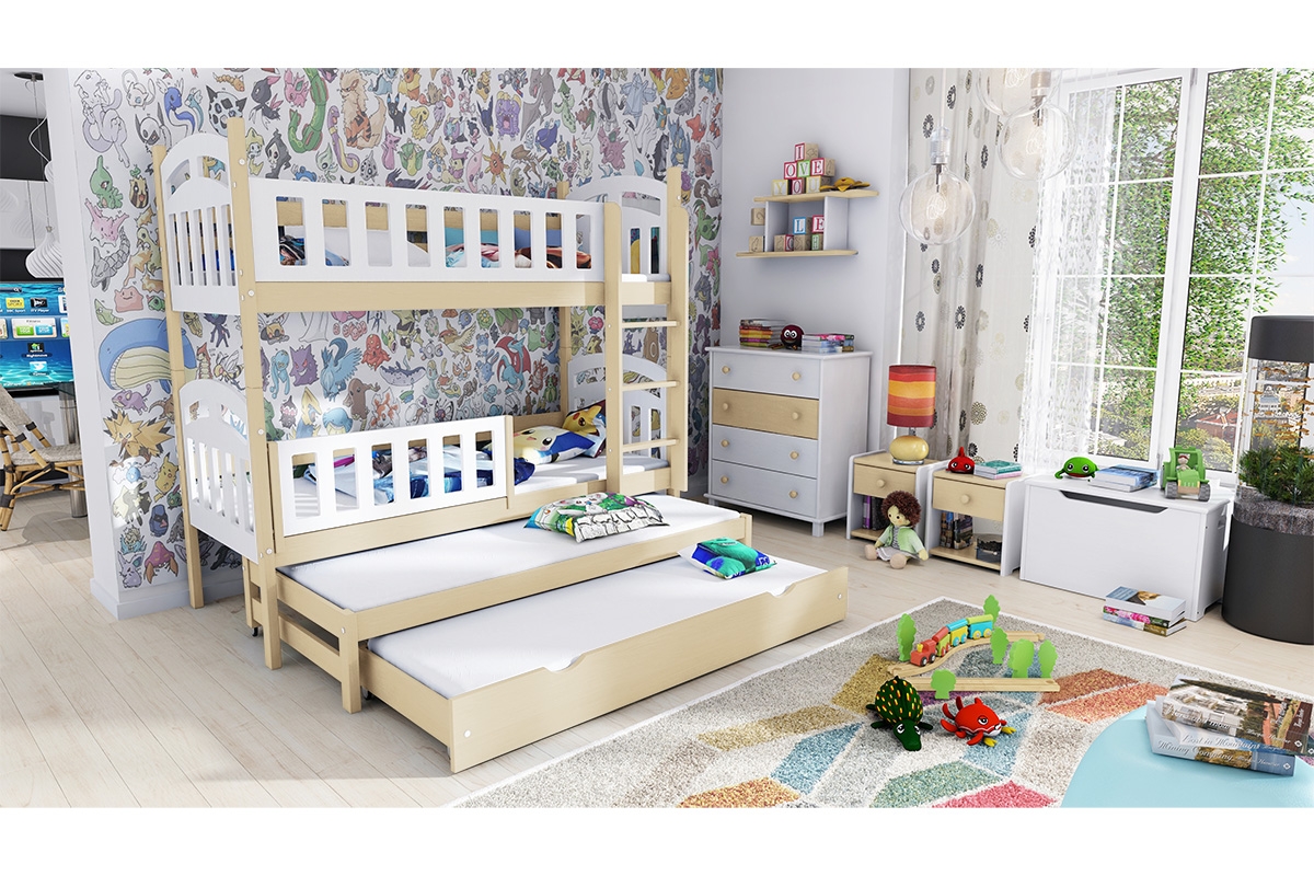 Patrová postel Nati pro 4 osoby se zásuvkou a funkcí rozkladu velká patrová postel