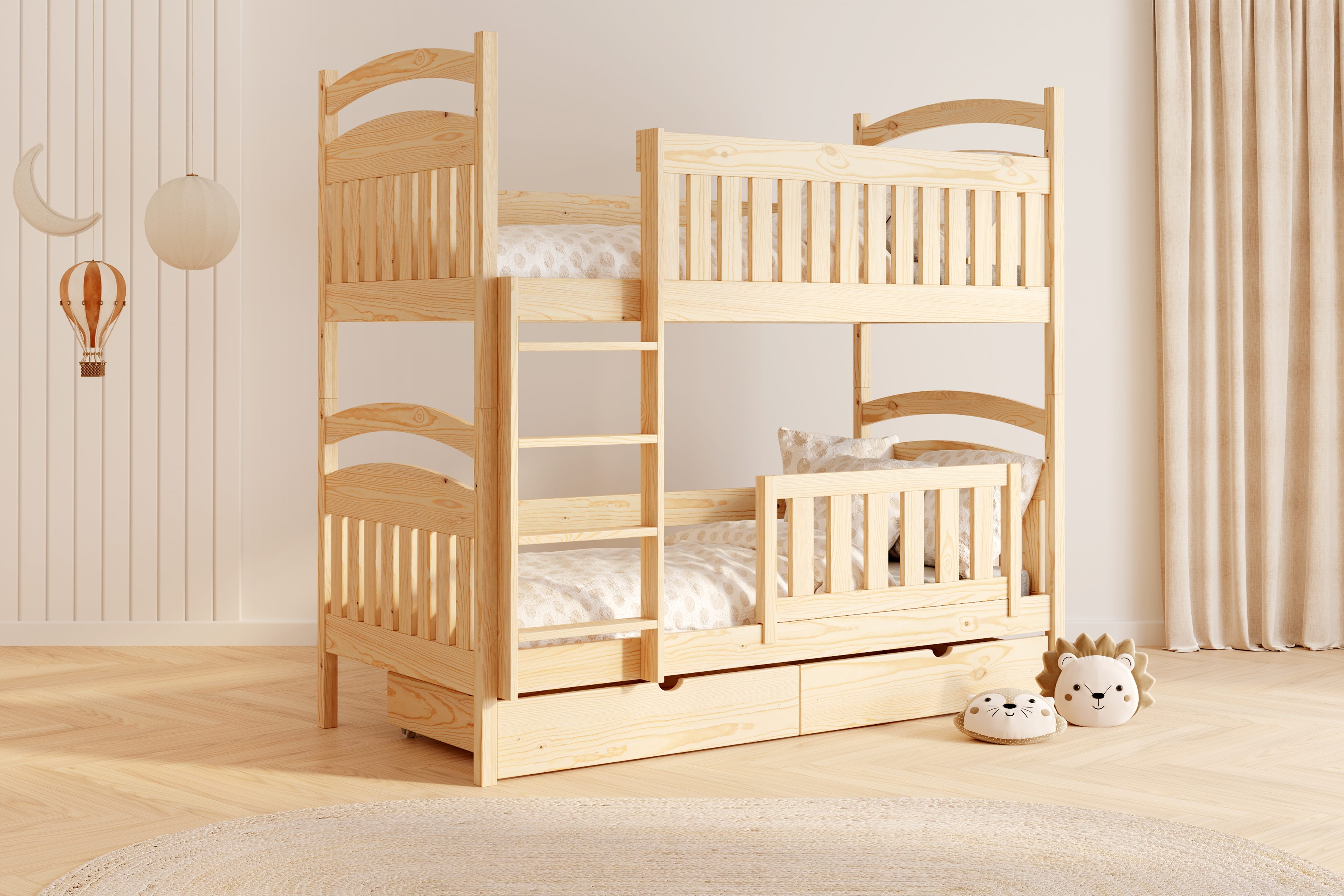 Dřevěná patrová postel Amely 80x180 cm - borovice Postel patrová  Amely 80x180 se zásuvkami - borovice